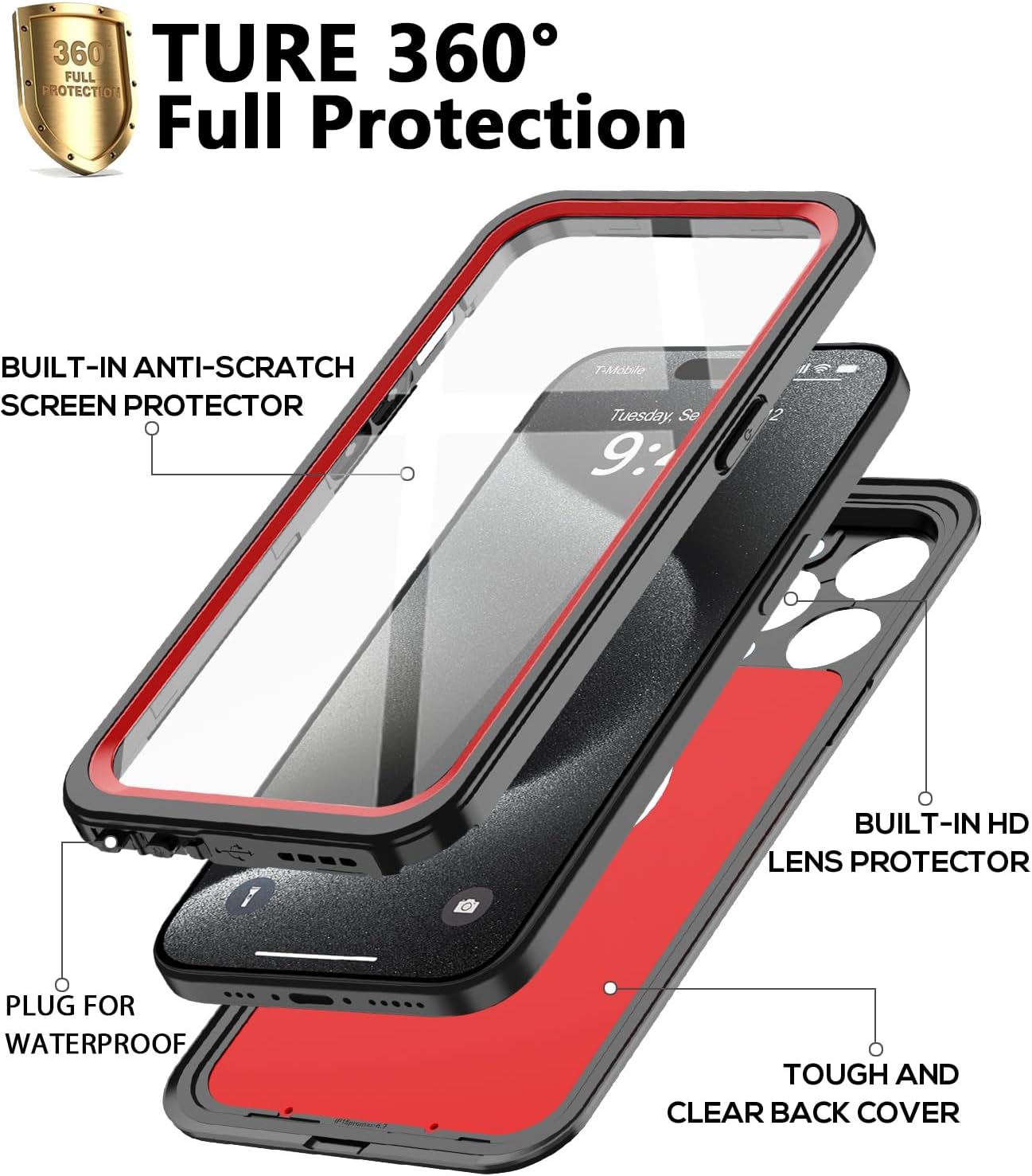 for iPhone 15 Pro Case Waterproof, Built-in Screen Protection [IP68 Underwater][Military Shockproof][Dustproof] 360° Full Body Protective Phone Case for iPhone 15 Pro 6.1"(Red)