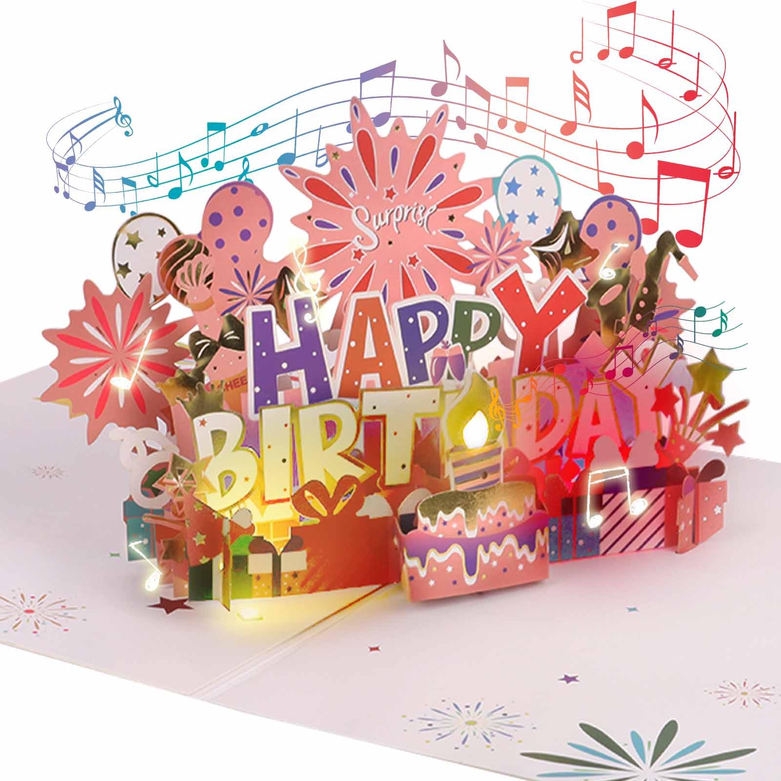 Happy Birthday Cards, Music Light Firework 3D Pop Up Birthday Greeting Cards with Envelopes Message card, Pink Birthday Cake Card Birthdays Gifts Women Men Friends Kids (Size4)