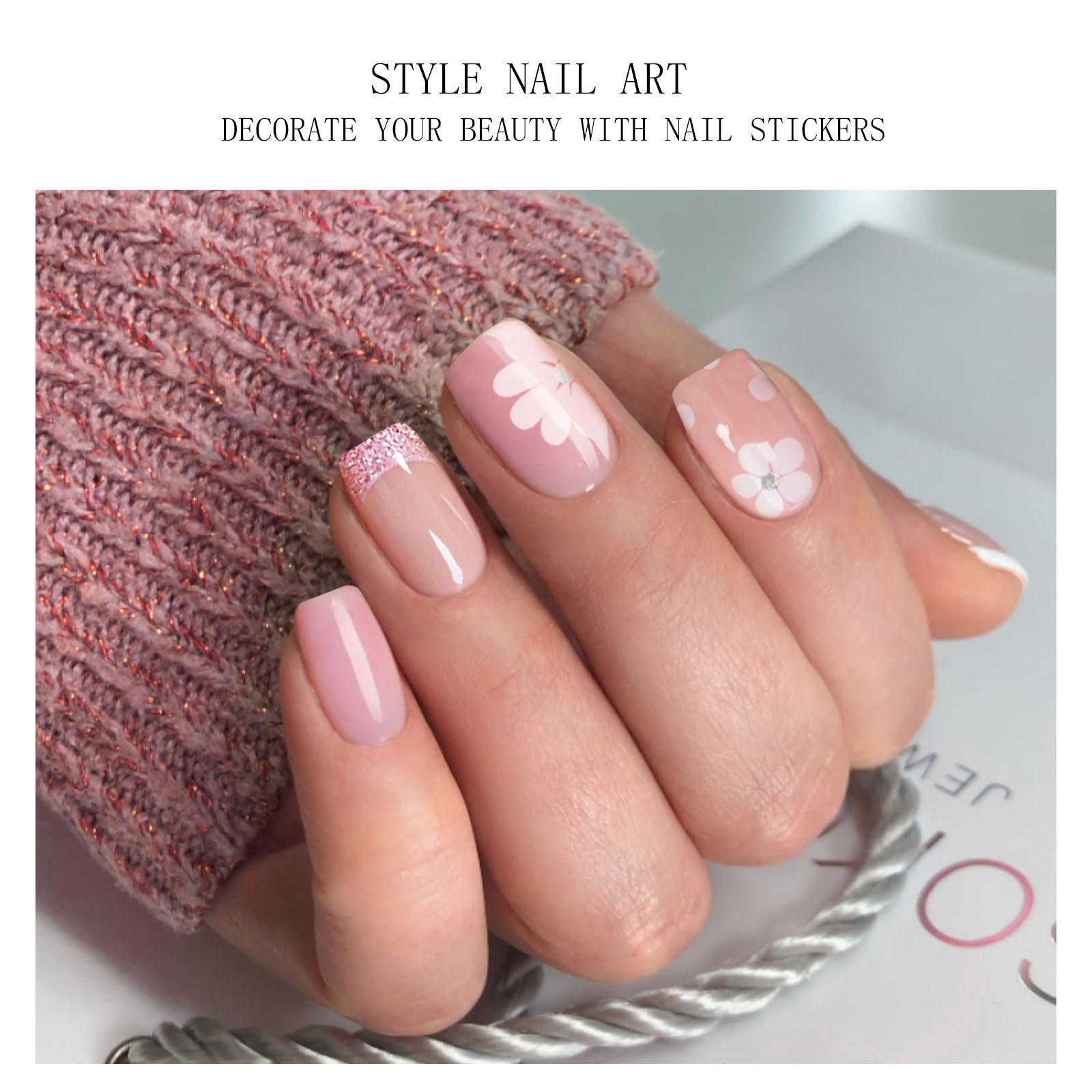 JMEOWIO Gel Nail Stickers French Tip Pink White Flower Semi Cured Gel Nail Strips Wraps UV/LED Nails Art Design Decoration Accessories - Image 2