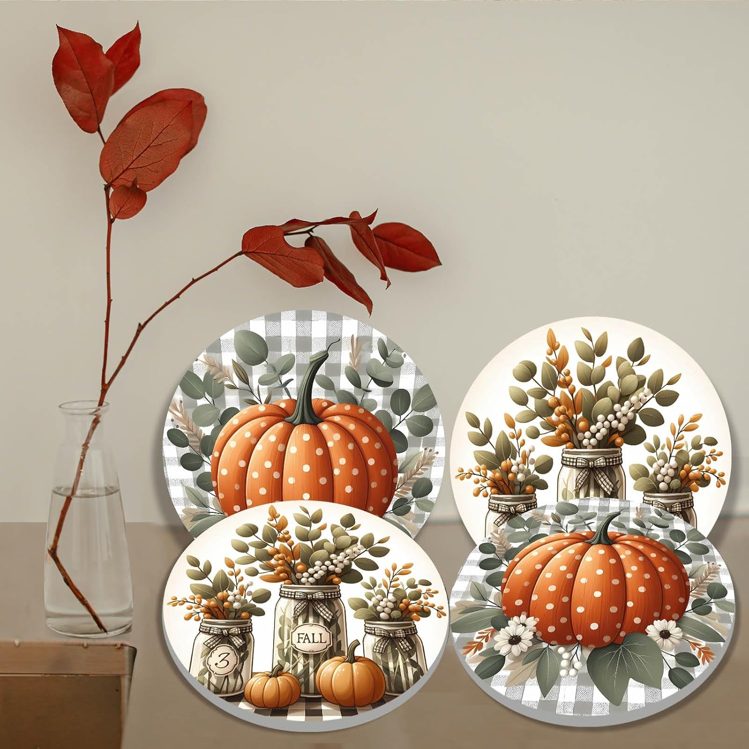 Tucocoo Fall Harvest Pumpkin Art Electric Stove Burner Covers,4 Pcs Autumn Pumpkin Round Stove Burner Covers,Vase Bouquet Stove Burner Cover,8 Inch and 10 Inch Fall Leaves Cooktop Home Decorative