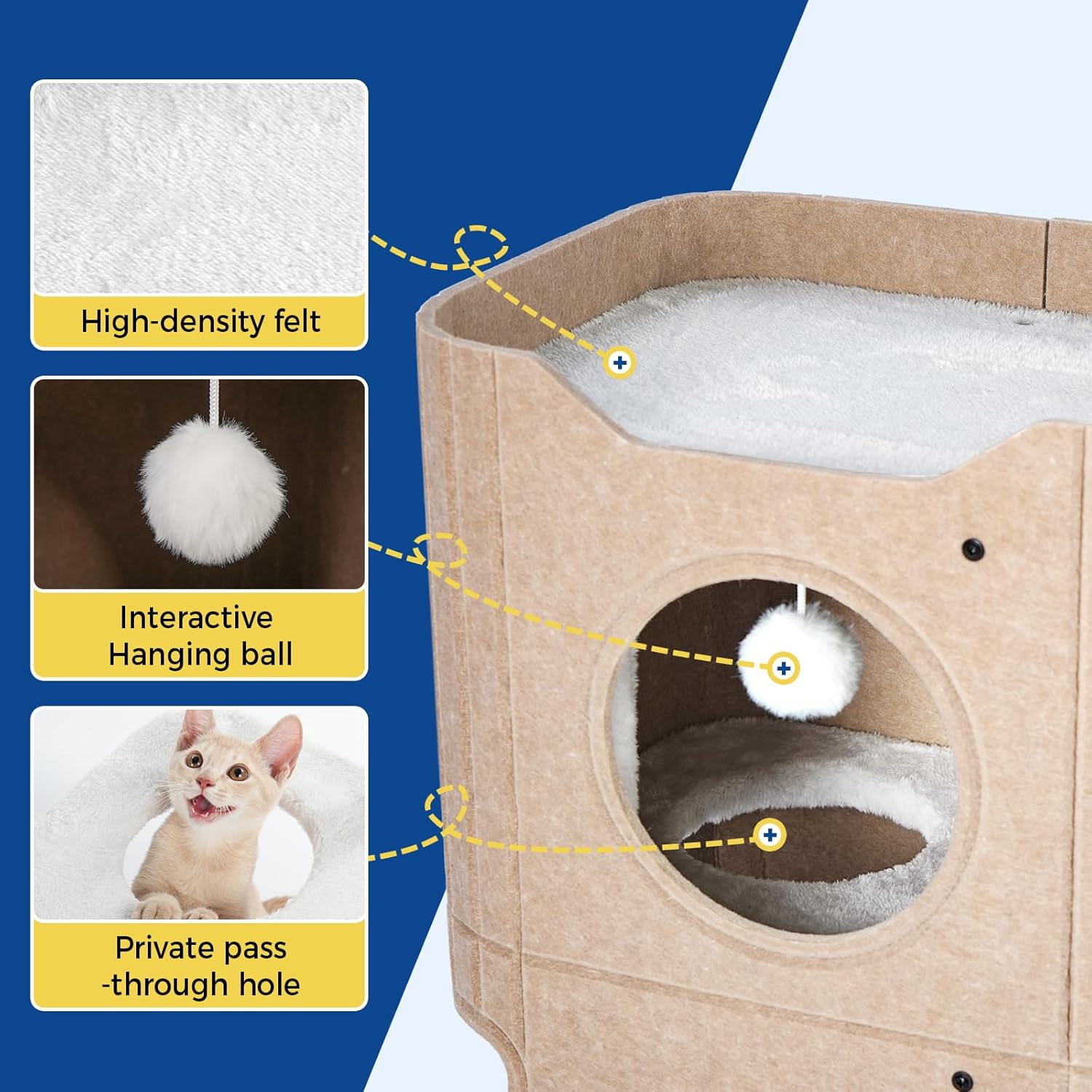 ABCPET Cat House for Indoor Cats, Cat Condo Cat Bed Cave, Felt Cats Hideaway Condo with Resistant Scratching Freedom Kitten Cube & Hanging Ball, Beige