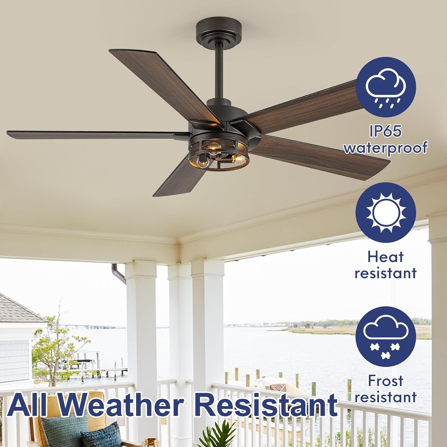 52 Inch Outdoor Ceiling Fan with Lights, Wet Rated outdoor Ceiling Fan, Quiet Reversible DC Motor, 5 Blades, Light Bulb, for Patio, Bedroom, Living Room, Porch