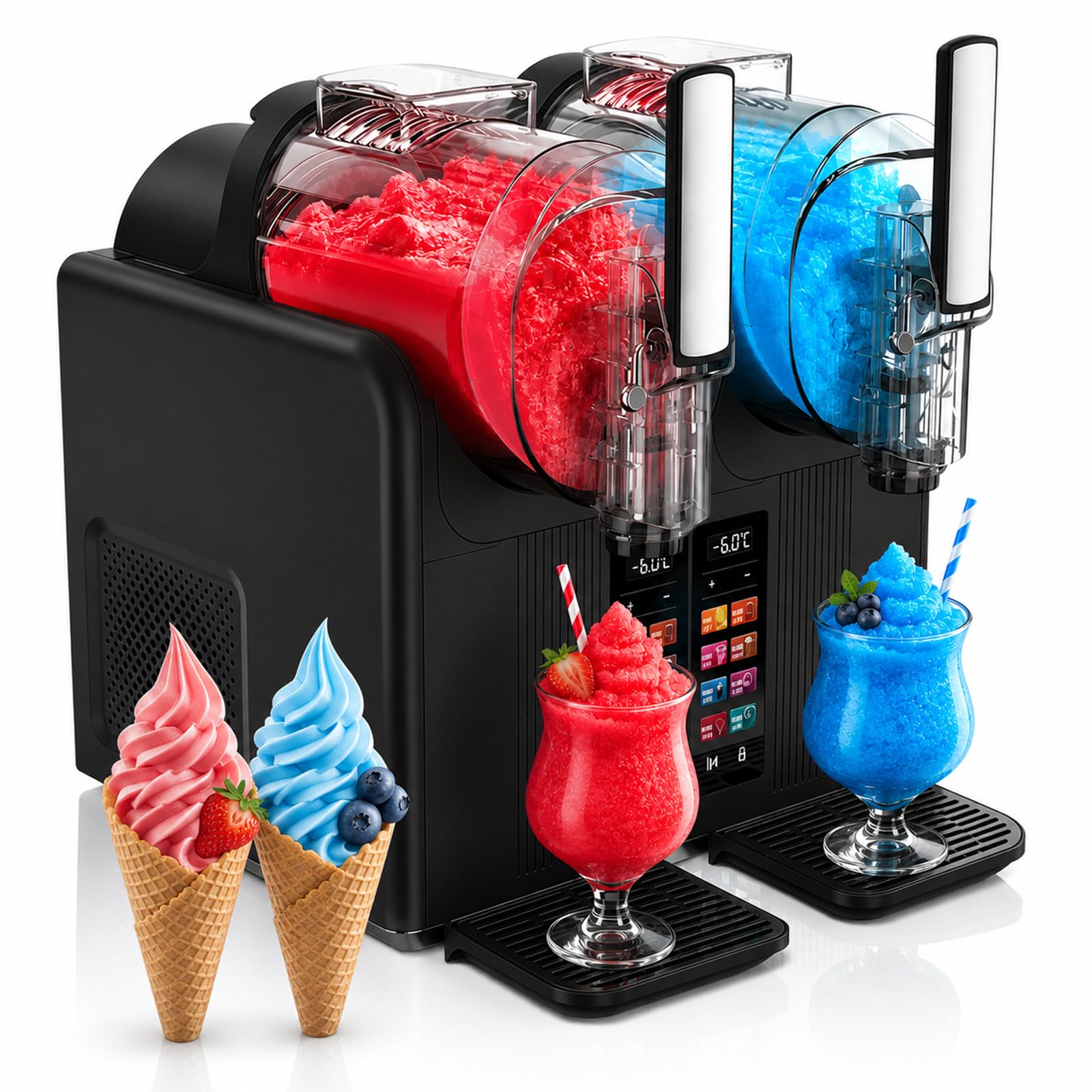 SHUMIAO 430W Commercial Slushie Machine, 2x2L Dual Bowl Slushy Maker & Soft Serve Ice Cream Maker, 7 Presets Automatic Smoothie Margarita Machine, One-Button Operation, for Home Party Bar Black