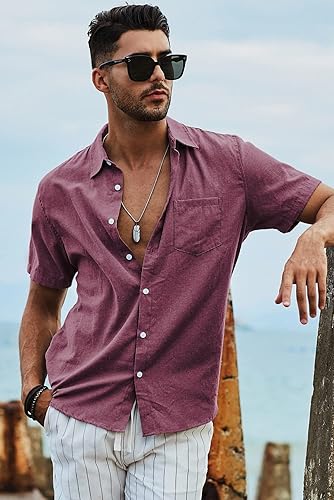 Miniatura 49 de JMIERR Camisas de vestir a rayas con botones y manga corta para hombre