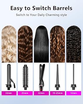 5 in 1 Curling Iron with Thermal Brush and Interchangeable Ceramic Barrels (0.35-1.25), Curling Wand Set with Flat Iron Hair Straightener Instant Heat Up Dual Voltage Hair Curler Gifts for Women