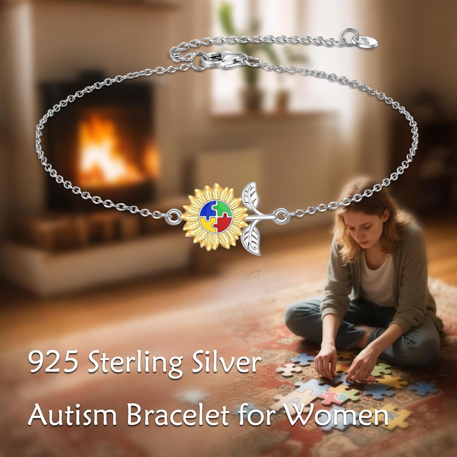 YFN Autism Awareness Bracelet Sterling Silver Puzzle Sunflower Piece Charm Bracelet ASD Jewelry for Women Inspirational Autism Awareness Gifts - Image 6