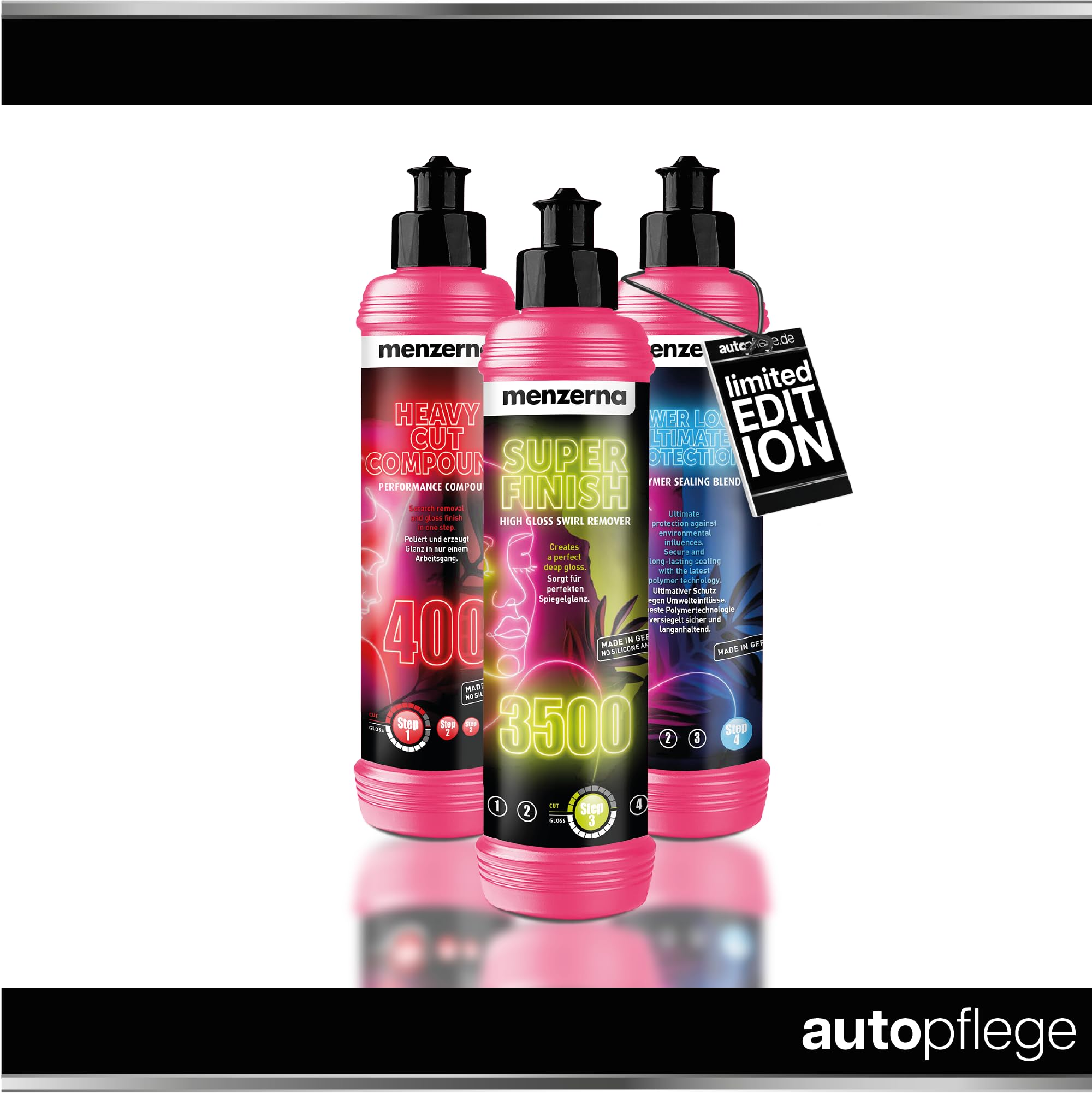 Juego de abrillantador y sellador de coche Menzerna Heavy Cut Compound 400 contra arañazos + Super Finish 3500 pulido brillante + Power Lock Ultimate Protection + 3 x Gamuza de 40 x 40 cm + 3 x