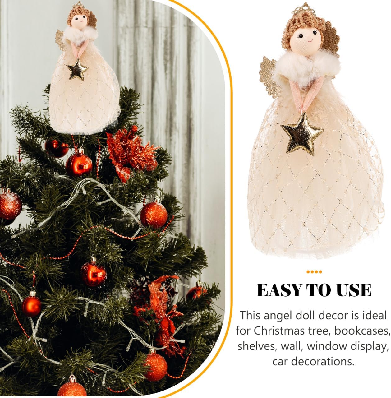 Christmas Tree Topper Angel Treetop Golden Star Tree Topper Angel Figure Ornament Angel Girl with Dress Wing Standing Tree Top Decoration for Holiday Party - Image 2