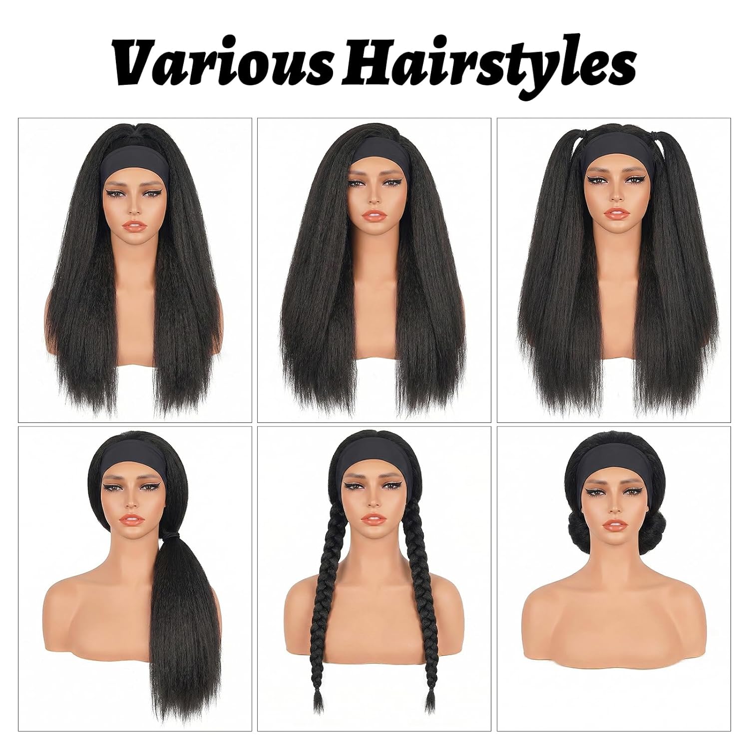 Kinky Straight Headband Wig, Yaki Straight Headband Wigs for Black Women, Synthetic Half Wigs with Headband, Glueless & No Lace Front, Soft Natural Look & Easy to Style
