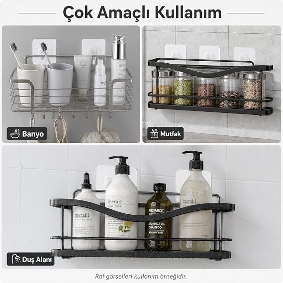Alper Banyo 10 lu Güçlü Kendinden Yapışkanlı Kancalar, Köşe Rafı Banyo Rafı Duş Rafı Kancası, Su Geçirmez Askı Raf Tutucu Yapışkanlar, Şeffaf Çift Kancalı Askılık