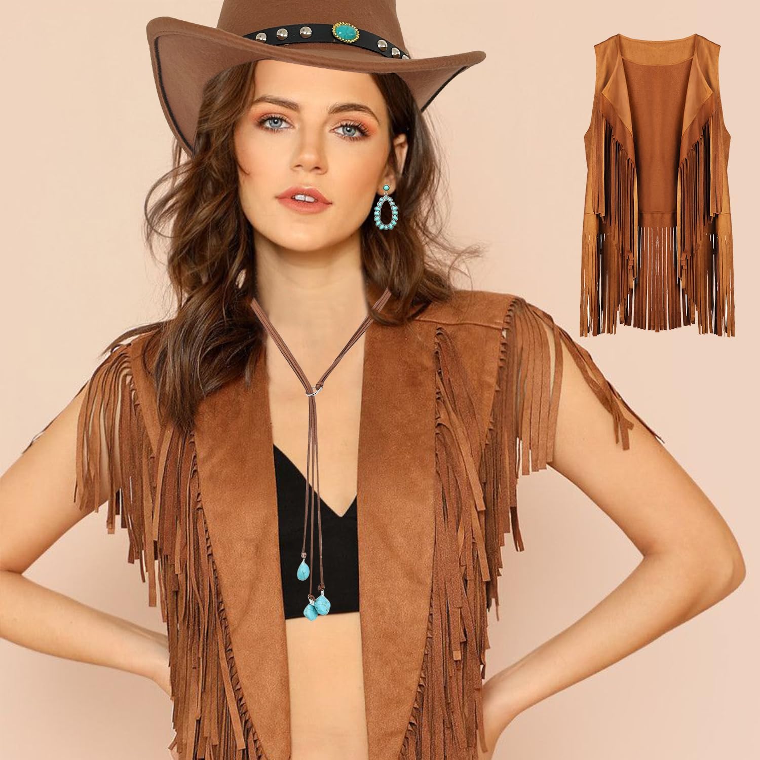 Huaerle 8 Pack Western Cowgirl Costume Set Western Outfits for Women Cowgirl Cowboy Hat Corset Belt Turquoise Jewelry Kit - Image 6