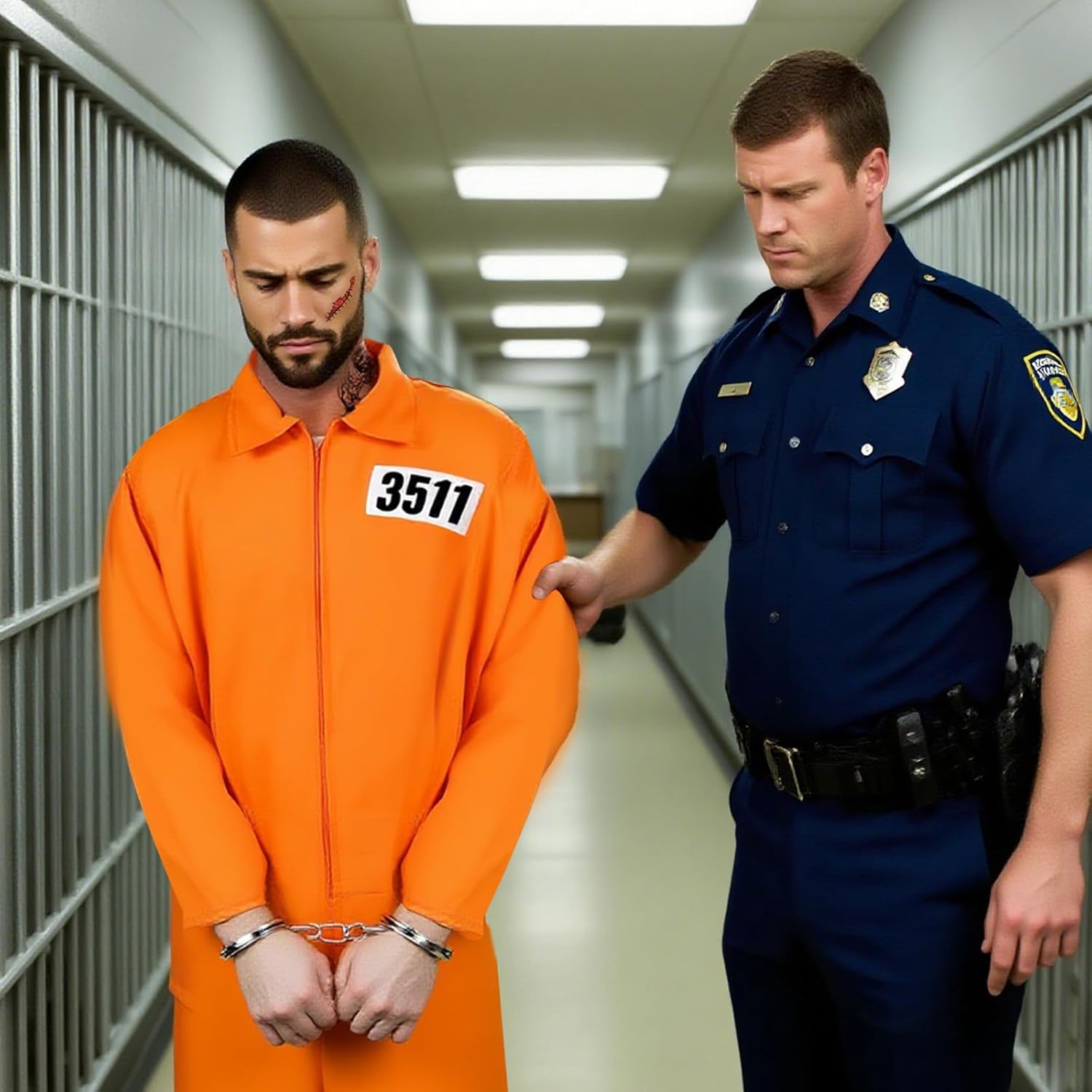 Pigmiss Men's Orange Prisoner Jumpsuit Set Halloween Costume Inmate Uniform Accessories Adult Women Jail Outfit 7pcs - Image 5