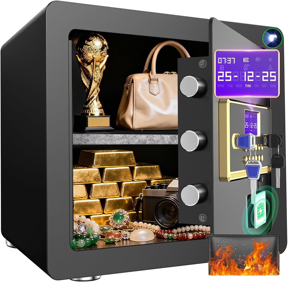 Home Safe with Digital Keypad & Alarm System - Electronic Lock Box for Jewelry Cash with Adjustable Shelves - Includes LED Light & Fireproof and Waterproof Bag(0.8/1.0/1.3/1.53/2.5Cuft)