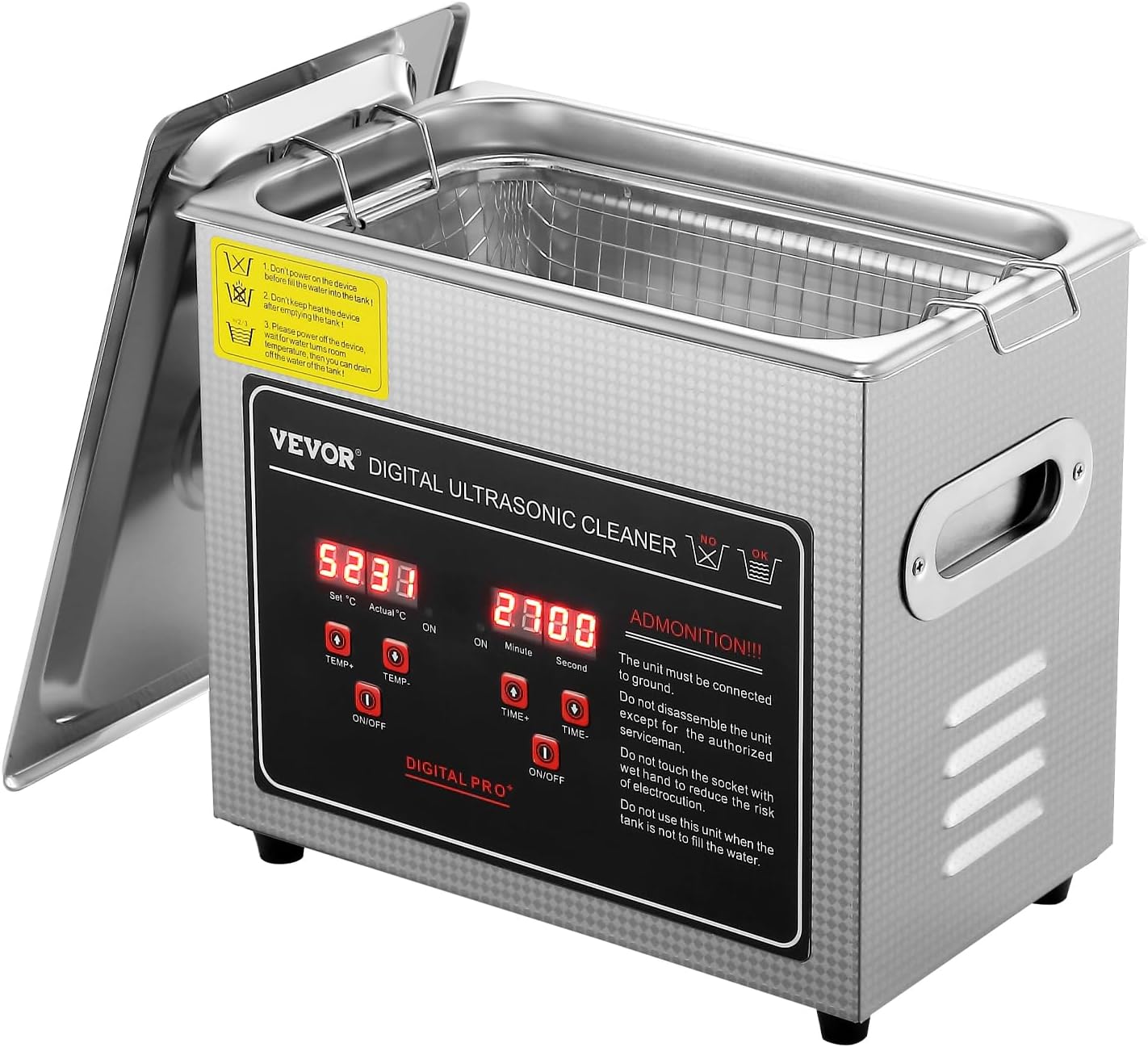 VEVOR Ultrasonic Cleaning Machine with Digital Timer & Heater, Professional Jewelry Cleaner, Stainless Steel Heated Cleaning Machine for Glasses Watch Rings Small Parts Circuit Board (3L)