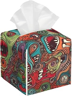 Pu Leather Cube Tissue Box Holders Modern Waterproof Square Tissue Box Cover Abstract Monster Facial Paper Holder for Bathroom Kitchen Nightstand Office Home Decor