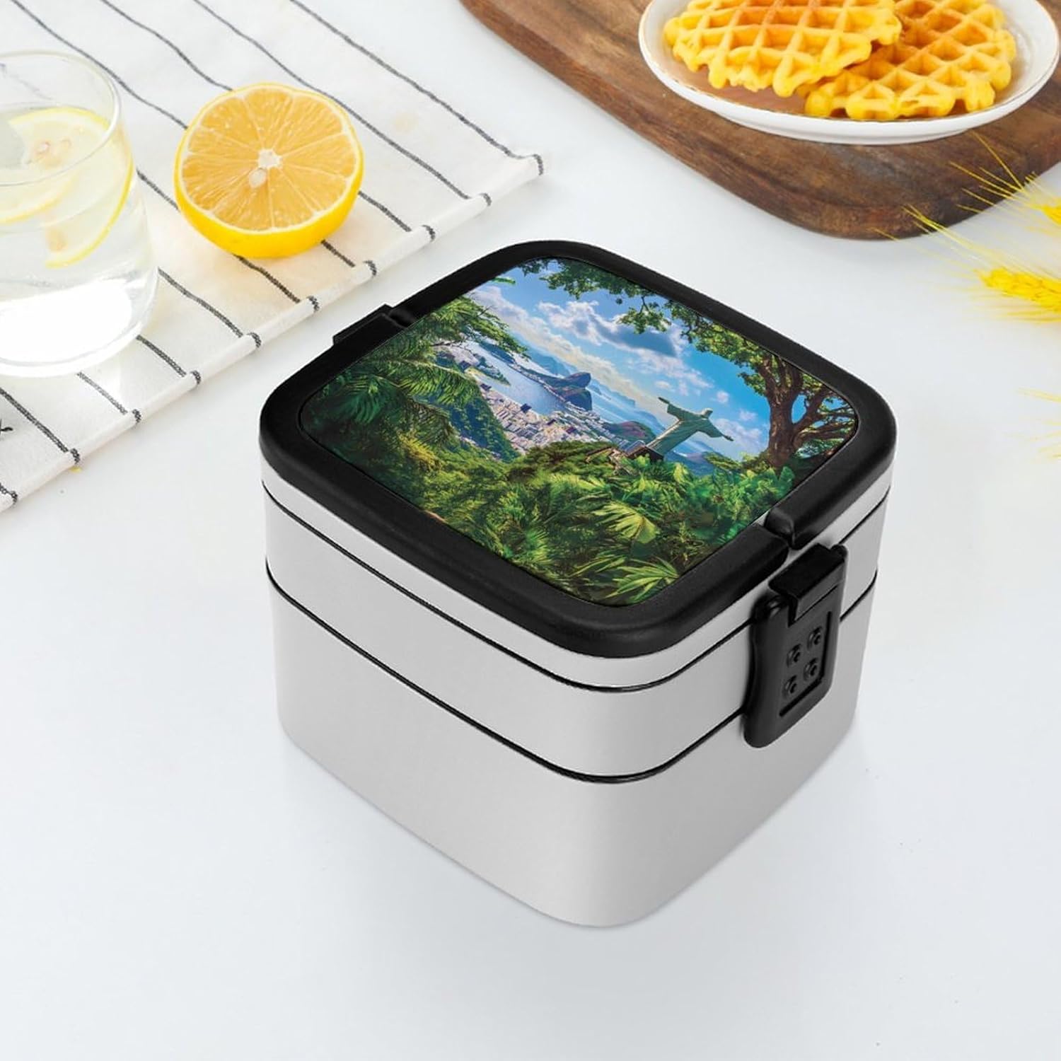 Riodjaneiroes Brazil Redeemeres Bento Box with Spoon 2 Layer Food Container Cute Lunch Box for Travel Dining Work