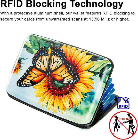 Credit Card Holder for Women Men RFID Blocking Wallet Small Business Metal Slim Mini Aluminum Hard Case, Sunflower Butterfly, S, Minimalist, Compact, American