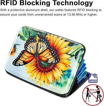 Credit Card Holder for Women Men RFID Blocking Wallet Small Business Metal Slim Mini Aluminum Hard Case, Sunflower Butterfly, S, Minimalist, Compact, American