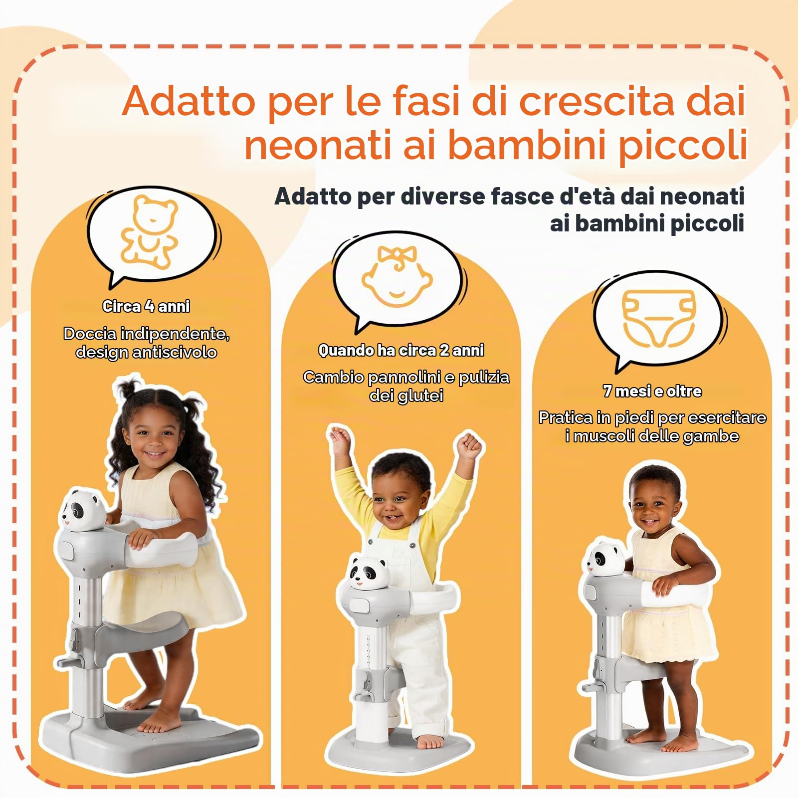 Supporto per vasca da bagno per bambini con base antiscivolo, supporto per doccia regolabile in altezza, per bambini da 12 a 36 mesi, stabile aiuto in piedi per l'allenamento a correre e un bagno