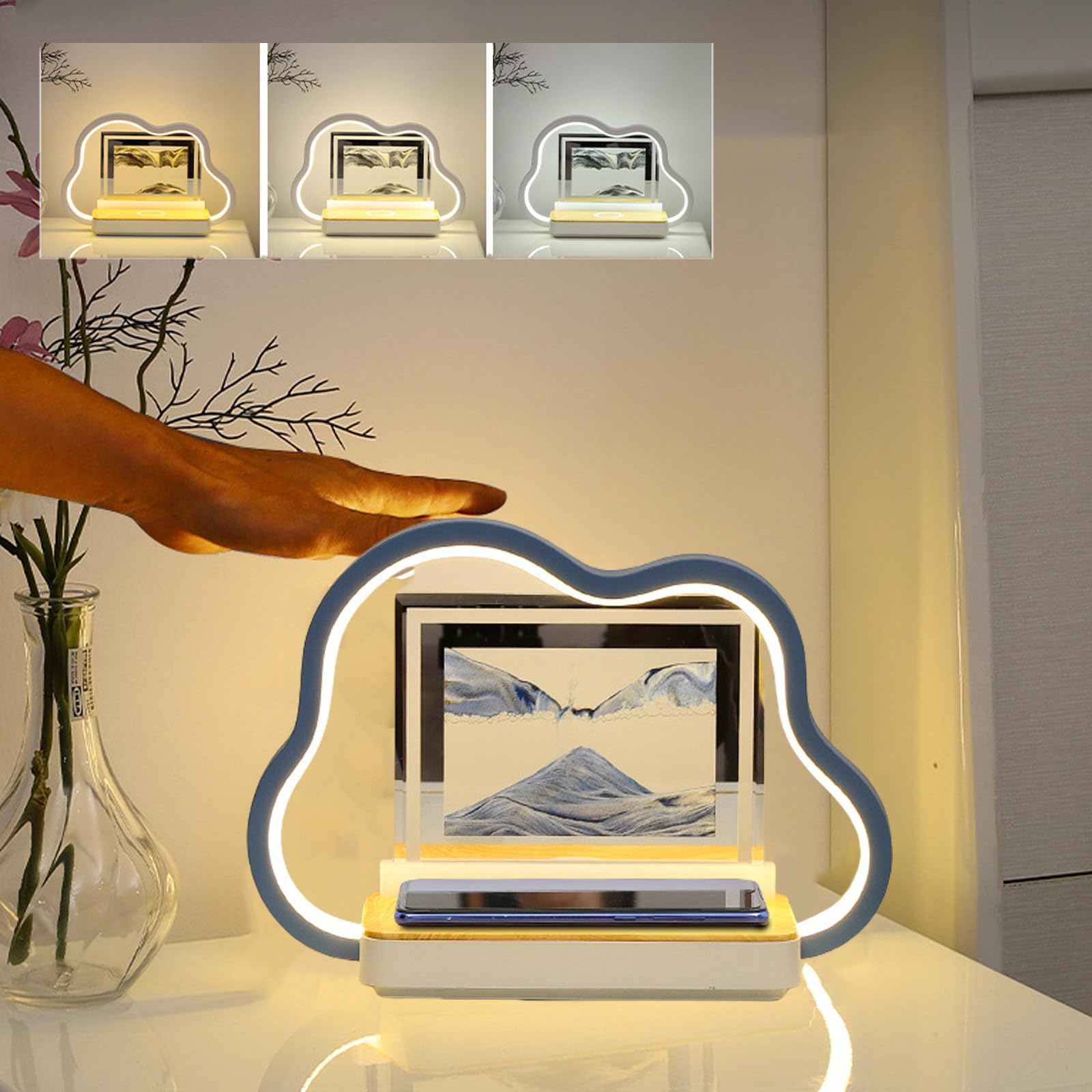 SXDMOUBK Moving Sand Art lamp with Wireless Charger 3D Hourglass Sandscape Lights 3 Color Cordless Night Light Touching Control dimmable Quicksand Beside lamp for Restaurant Bedroom,Blue