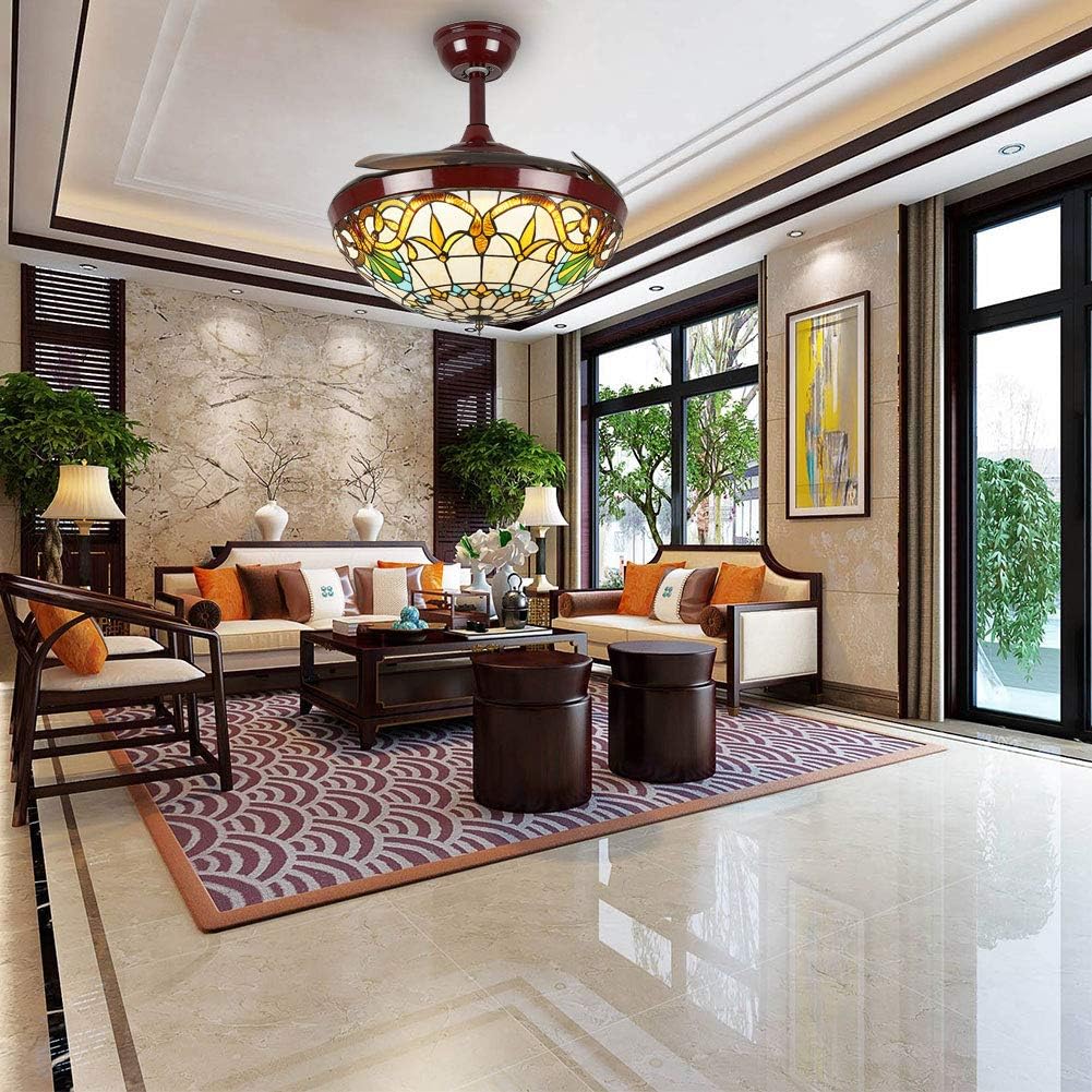 Modern Ceiling Fan Light with Remote Control, Dimmable LED Chandelier with Retractable Invisible Blades, Silent Motor, for Living Room Bedroom Restaurant (Tiffany)