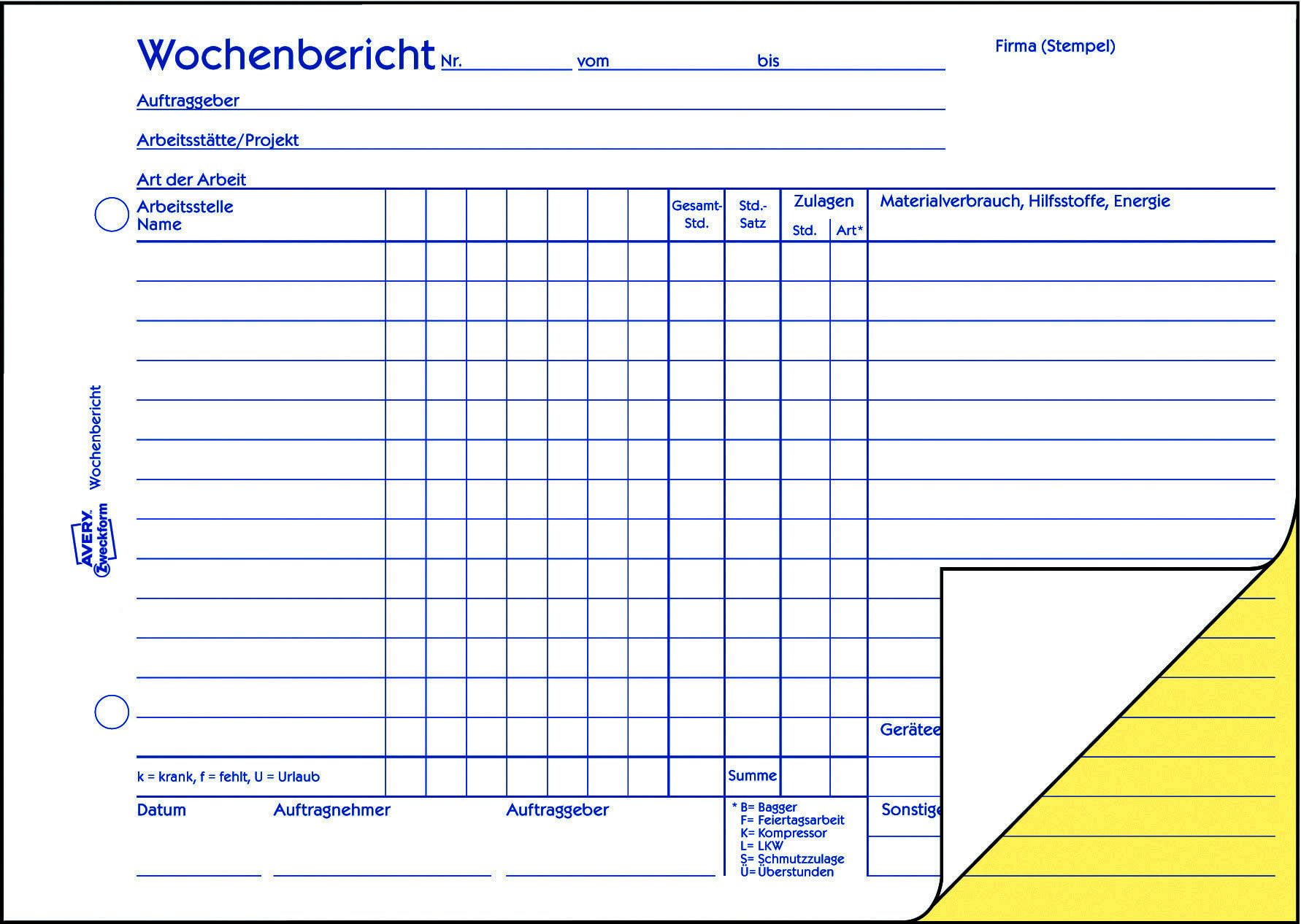 Avery Zweckform 1772-5 Wochenbericht (A5 quer, selbstdurchschreibend, von Rechtsexperten geprüft, für DE/AT zur wöchentlichen Dokumentation der Arbeitsleistung, 2x40 Blatt), 5er-Pack, weiß/gelb/blau