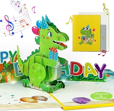 FaCraft Dinosaur Musical Birthday Cards for Kids - Music & Light 3D T-Rex