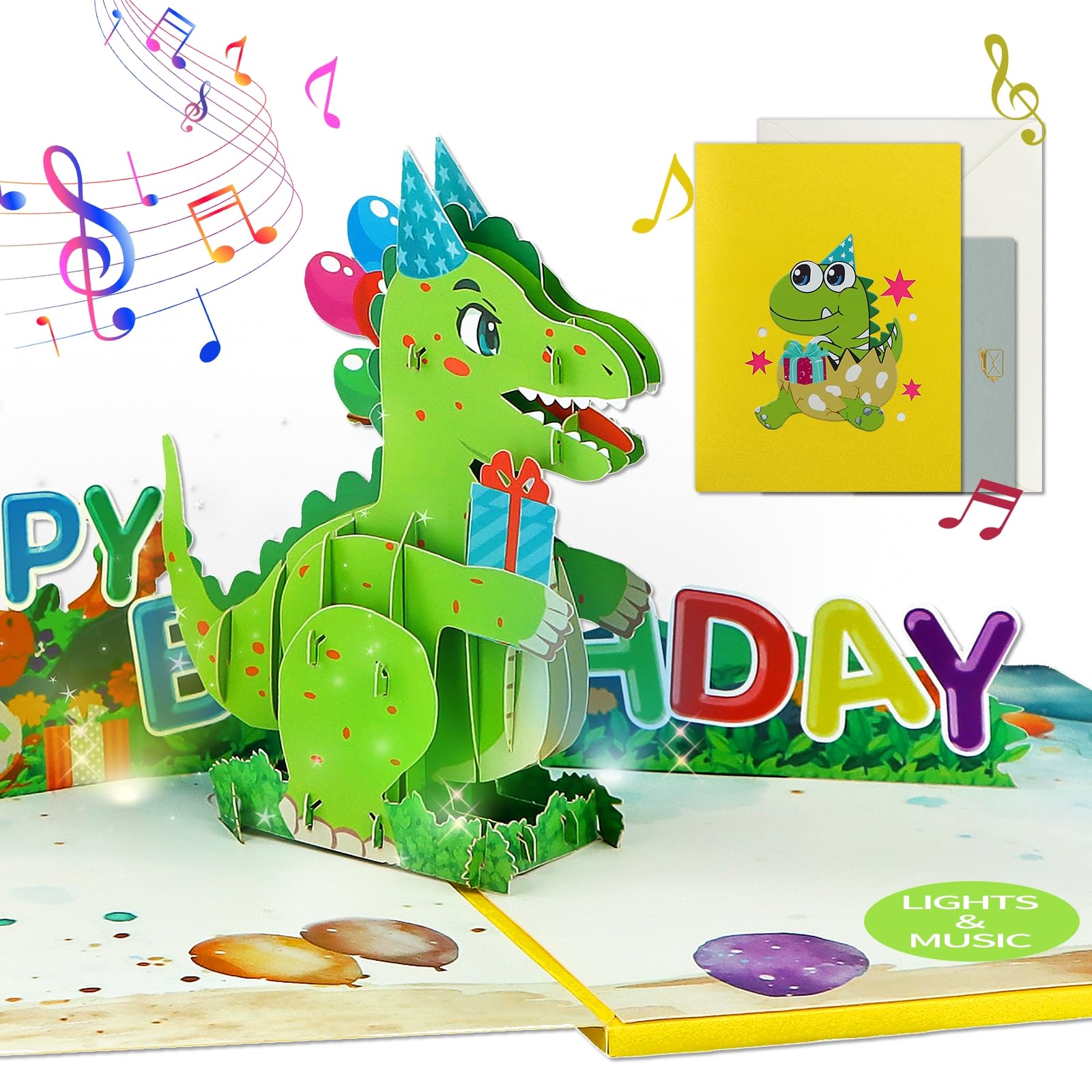 FaCraft Dinosaur Musical Birthday Cards for Kids - Music & Light 3D T-Rex Handmade Pop Up Birthday Cards with Envelope, Blank Insert, Gift for Boys