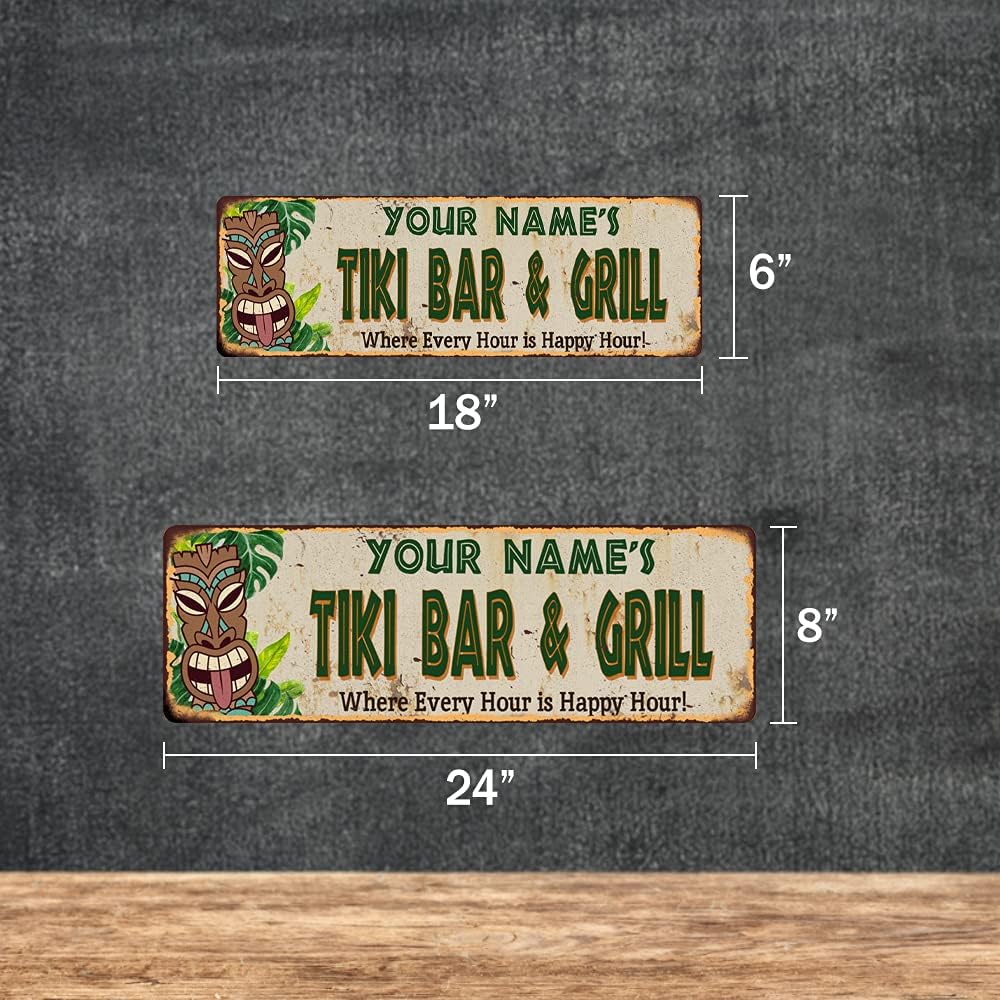 Personalized TIKI BAR & GRILL Sign Hut Decor Signs Bars Grill Decorations Hawaiian Accessories Patio Beach Surfboard Wall Art Plaque Vintage Tin Gift 6 x 18 High Gloss Metal 206180040001