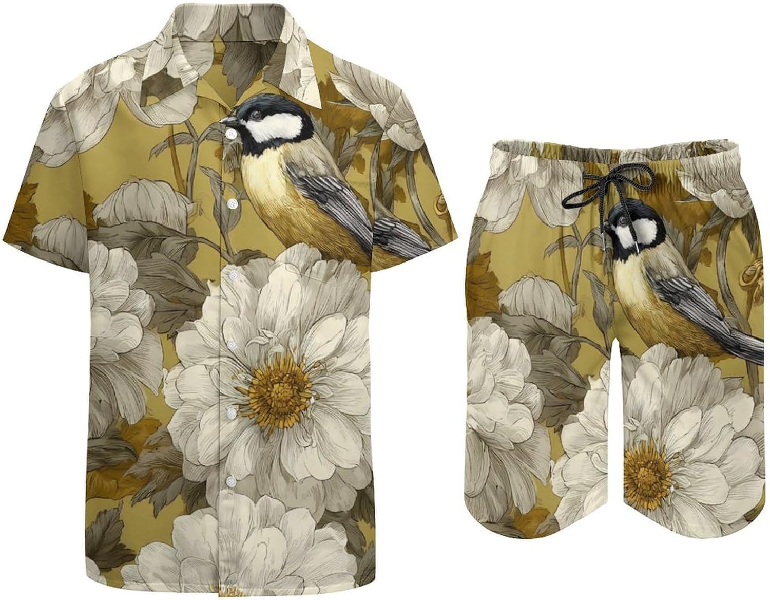 Bird Peony Flowers Men's Summer Beach 2 Piece Outfits | hawaiian button down shirt and shorts,vacation cruise,mens bathing suit