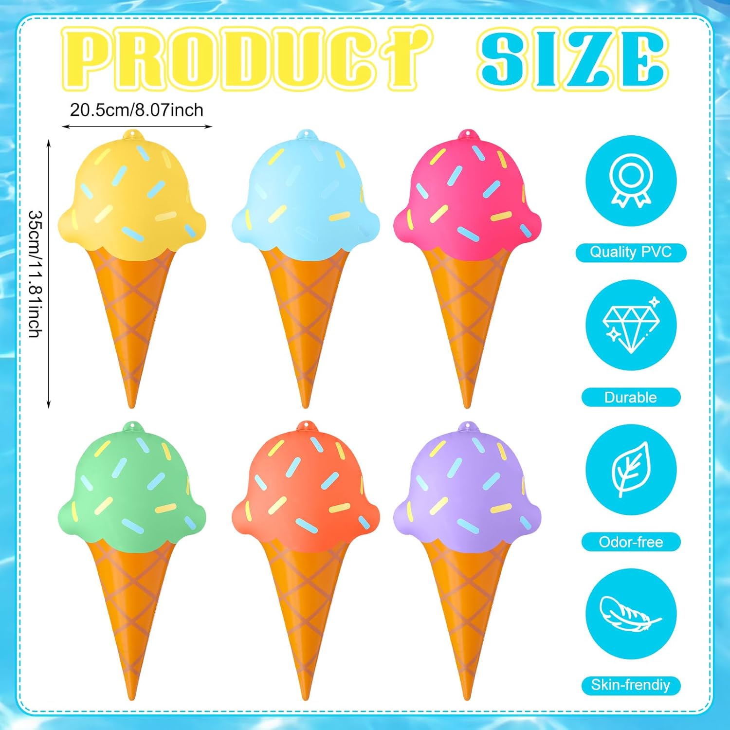 Leyndo 6 Pcs 24 Inch Summer Inflatable Ice Cream Decorations Summer Ice Cream Pool Floats Garden Ornaments Outdoor Indoor Party Decor Colorful PVC Inflatable Toys for Birthday Wedding