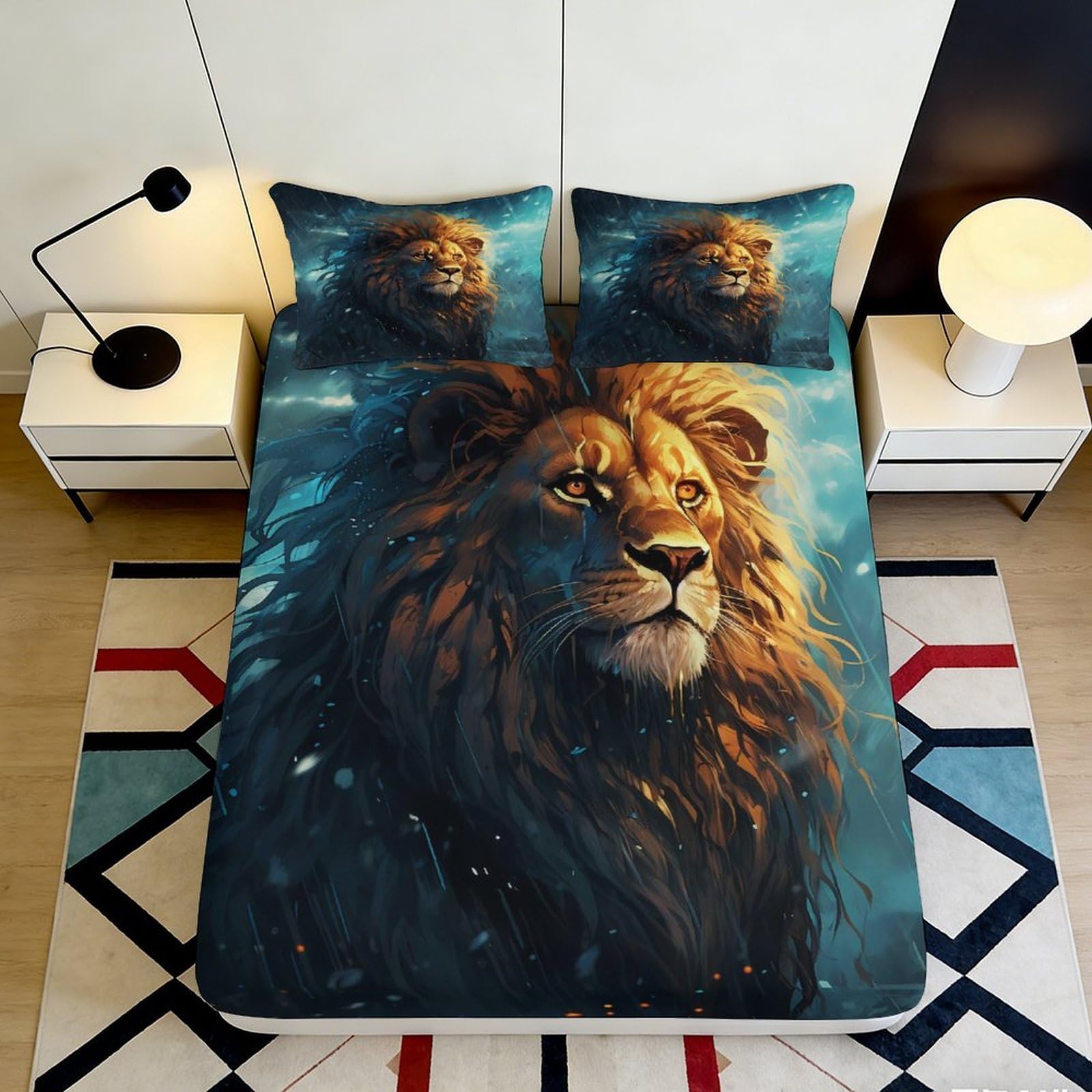 3D Printed Majestic Lion Fitted Sheet Microfiber Soft Non-Slip Wild King Mattress Cover Bedroom Decor 100x200cm 90x200x25cm