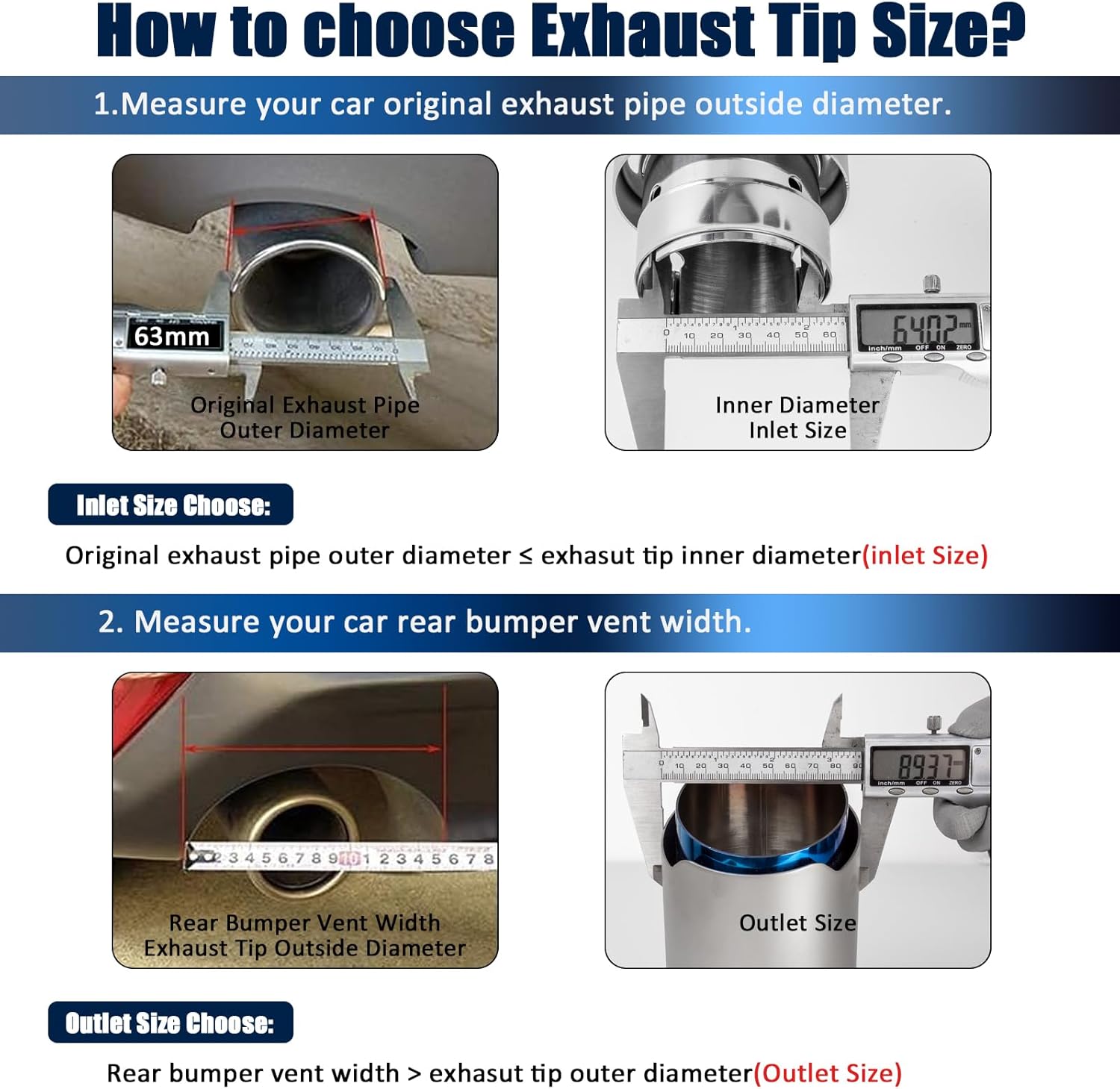 Vechkom 2.5" Exhaust Tip - 2.5" Inlet 3.5" Outlet 6.5" Length Dual-Layer Stainless Steel Exhaust Muffler Tip with Blue Inner Universal Fit for Car Truck Diesel Clamp-On Satin Silver & Blue
