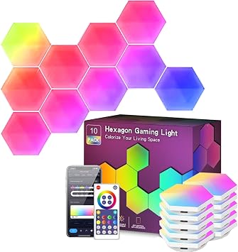 Hexagon LED Lights 10 Pack, Smart RGB Wall Decor with APP/Voice Control, Music Sync, DIY Modular Honeycomb Lights for Gaming Room, Bedroom, Home Theater Wall Decor