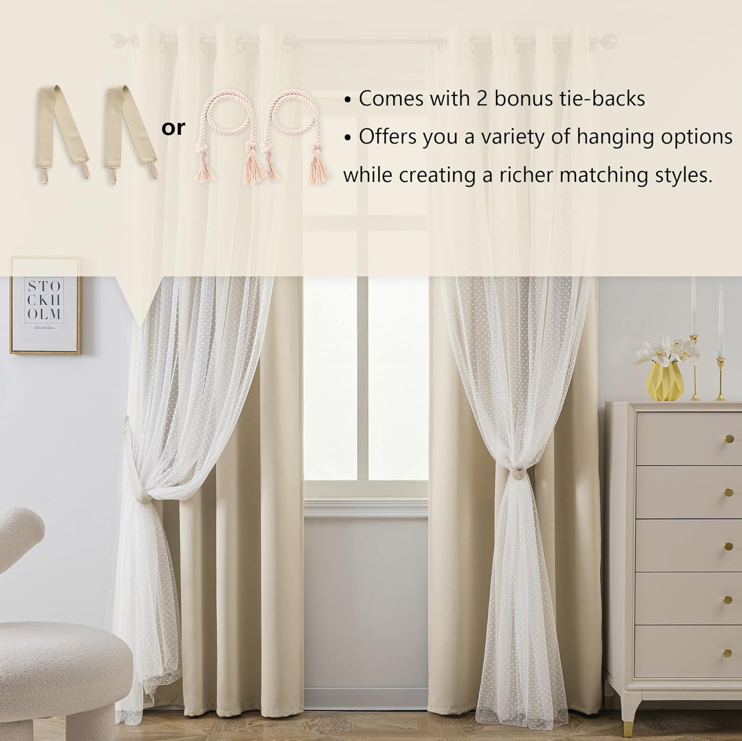 MYSKY HOME Beige 70% Blackout Curtains for Girls Bedroom & Living Room Nursery Kids Cute Double Layer Curtains with Sheer Overlay, Grommet Tops, 52x84 Inch Each Panel, 2 Panels