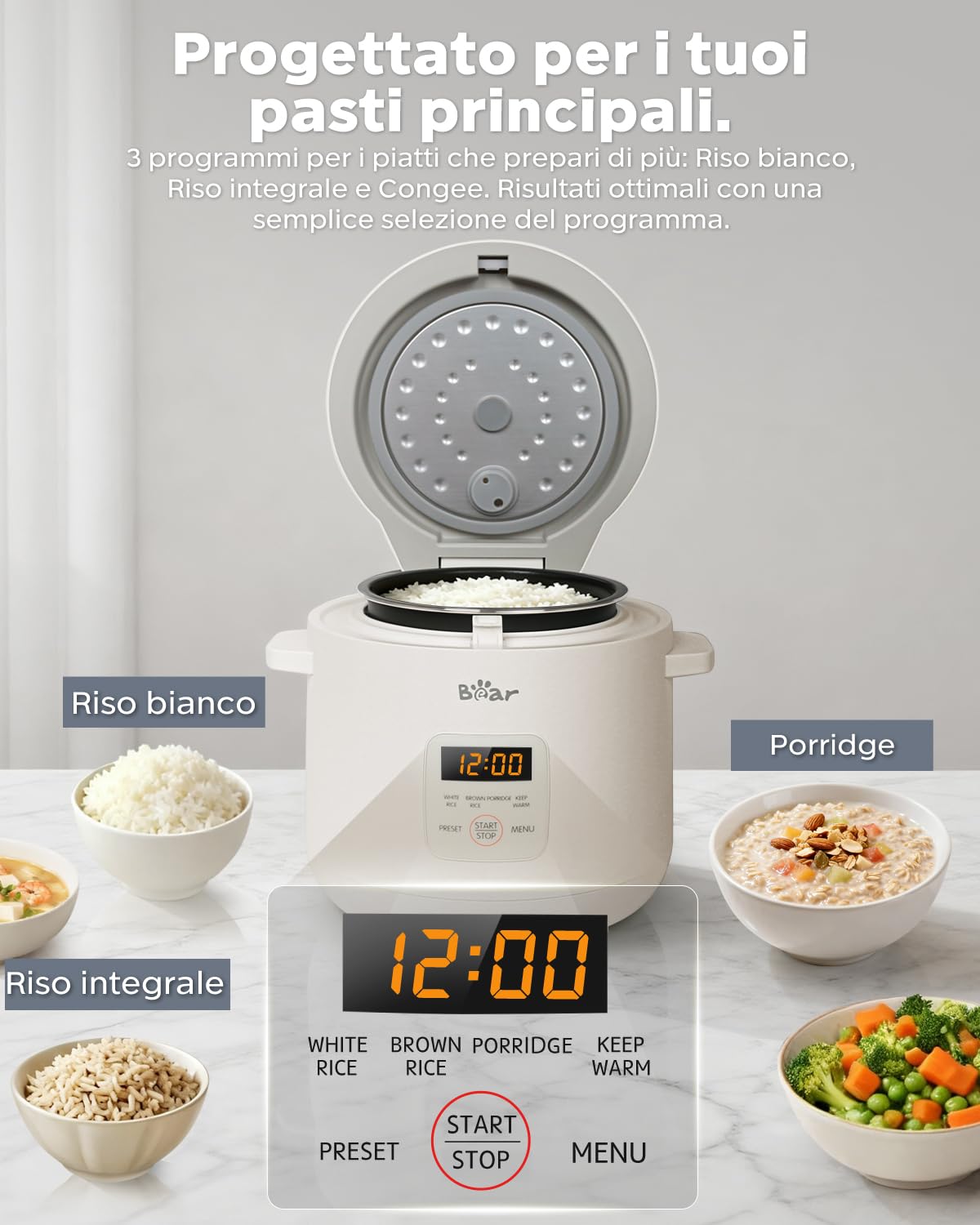 Bear Cuociriso 2 tazze non cotte, multifunzione da 300 W, con funzione di mantenimento del calore, funzione preimpostata, mini cooker elettrico, grigio