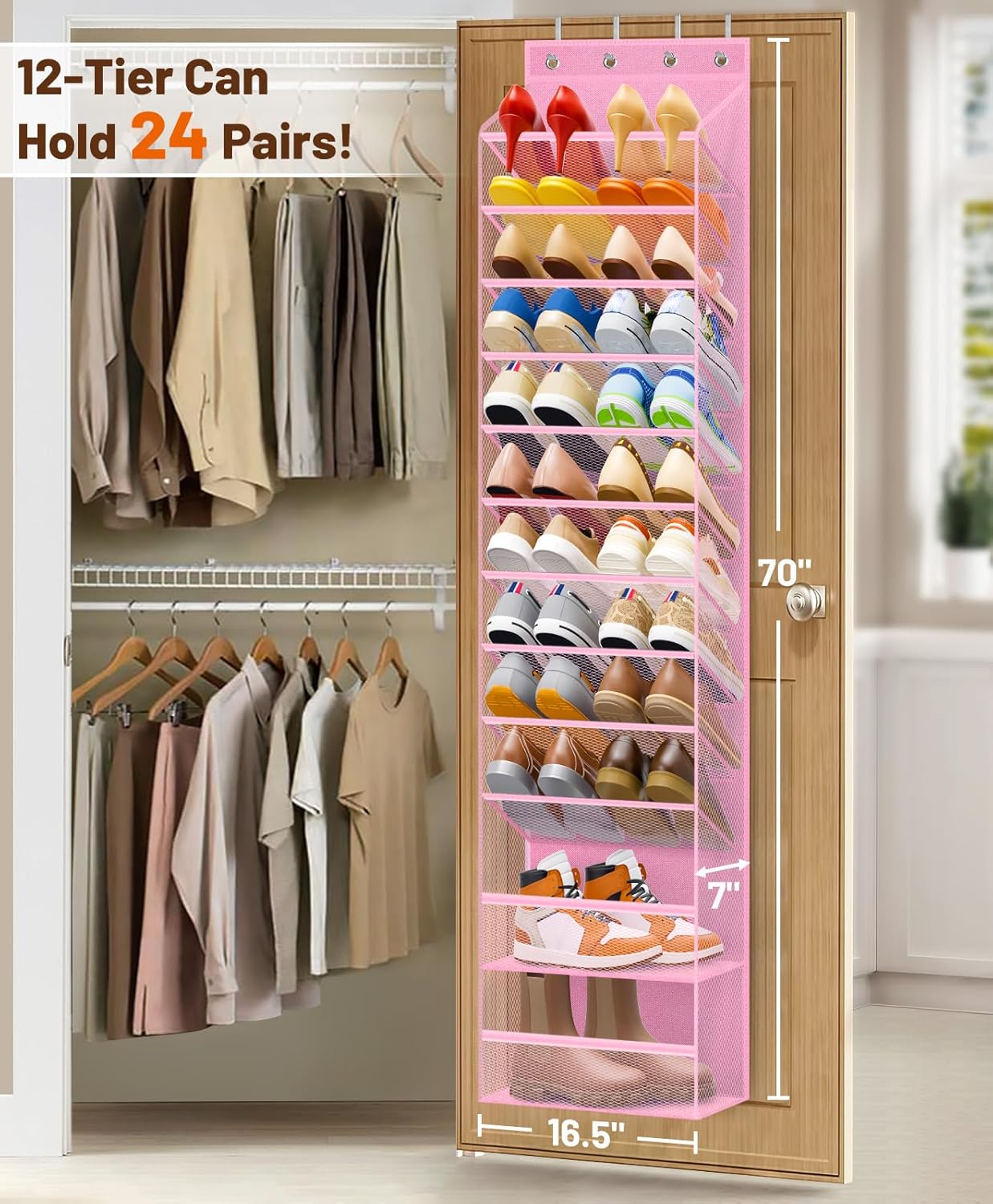 MISSLO 12 Tier Over the Door Shoe Organizer Breathable Mesh Hanging Shoe Rack for Closet Storage Shoe Holder for Door Fit 24 Pairs Sandals, Heels, Boots (Pink)