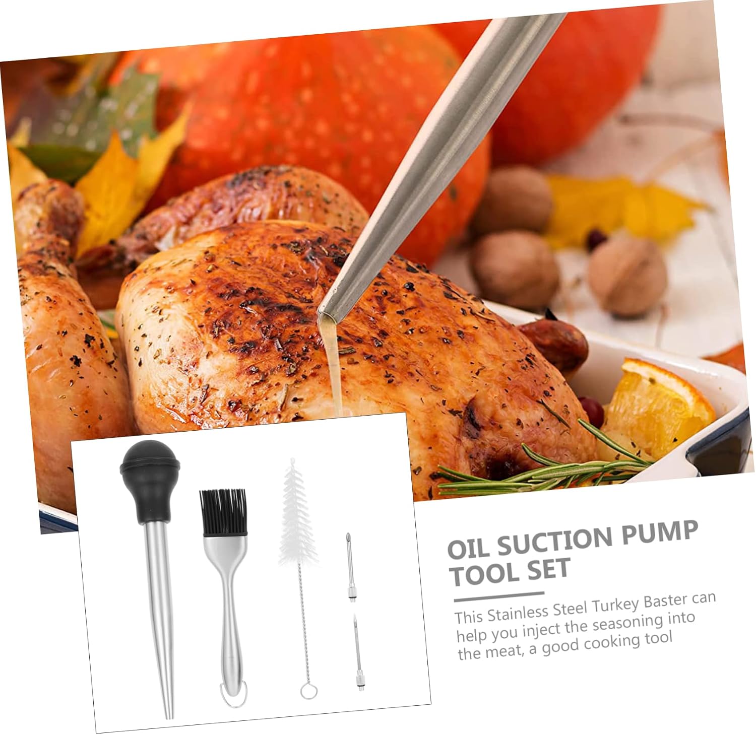 1set Stainless Steel Meat Injector Kit Includes Dual-needle Turkey Baster Cleaning Brush for Flavoring Pork Beef Fish Dishwasher Safe Kitchen Tool