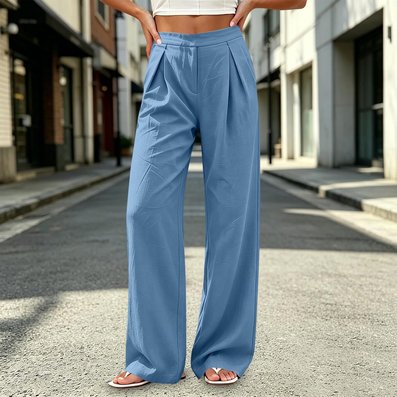 Women Palazzo Ankle Linen Pants Summer Boho Wide Leg High Waist Casual Lounge Pant Beach Travel Vacation Trousers
