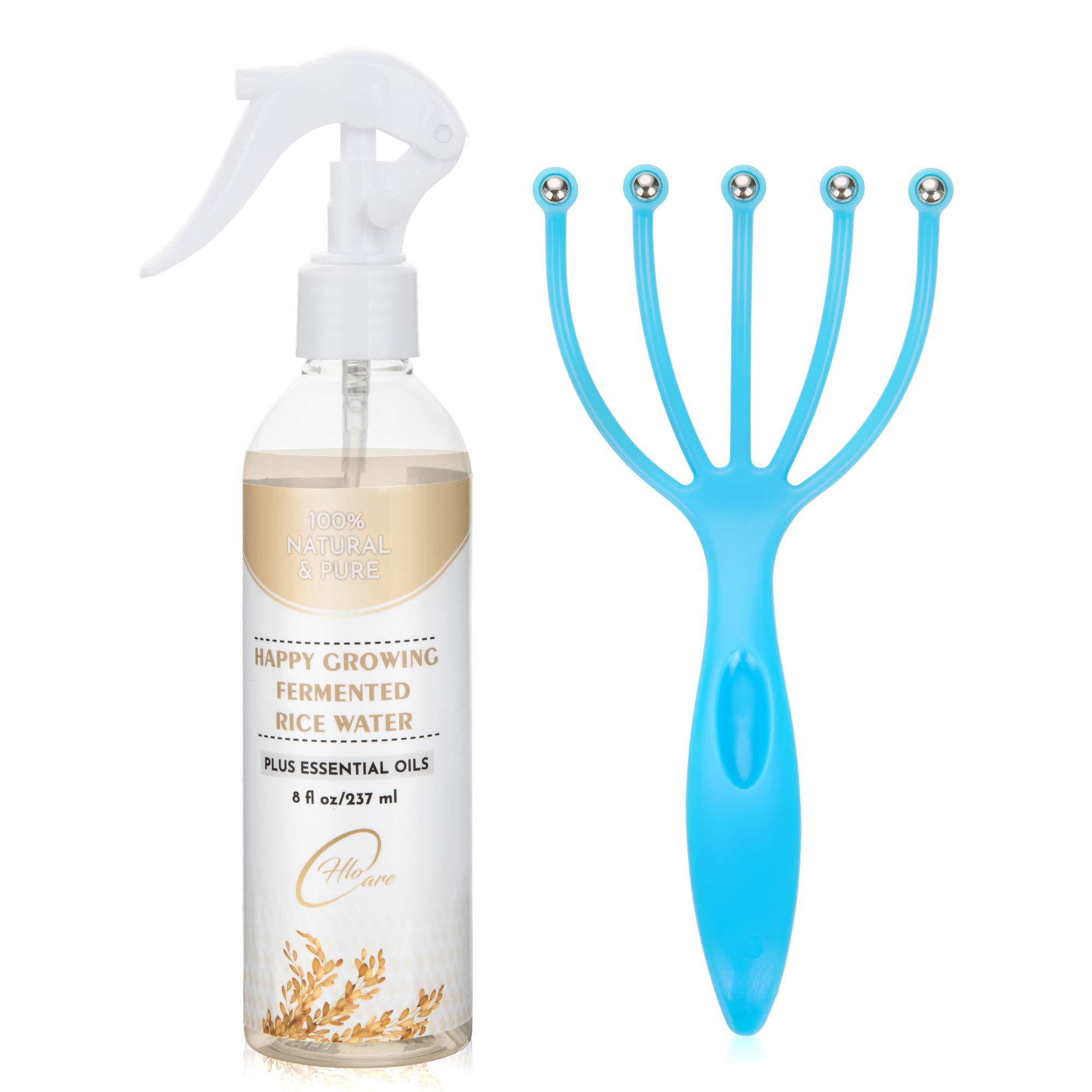 Happy Growing Fermented Rice Water For Hair Growth Plus Essential Oils and Scalp Massager - pH Balanced - Scientifically Proven and Perfected to Achive Maximum Hair Benifits