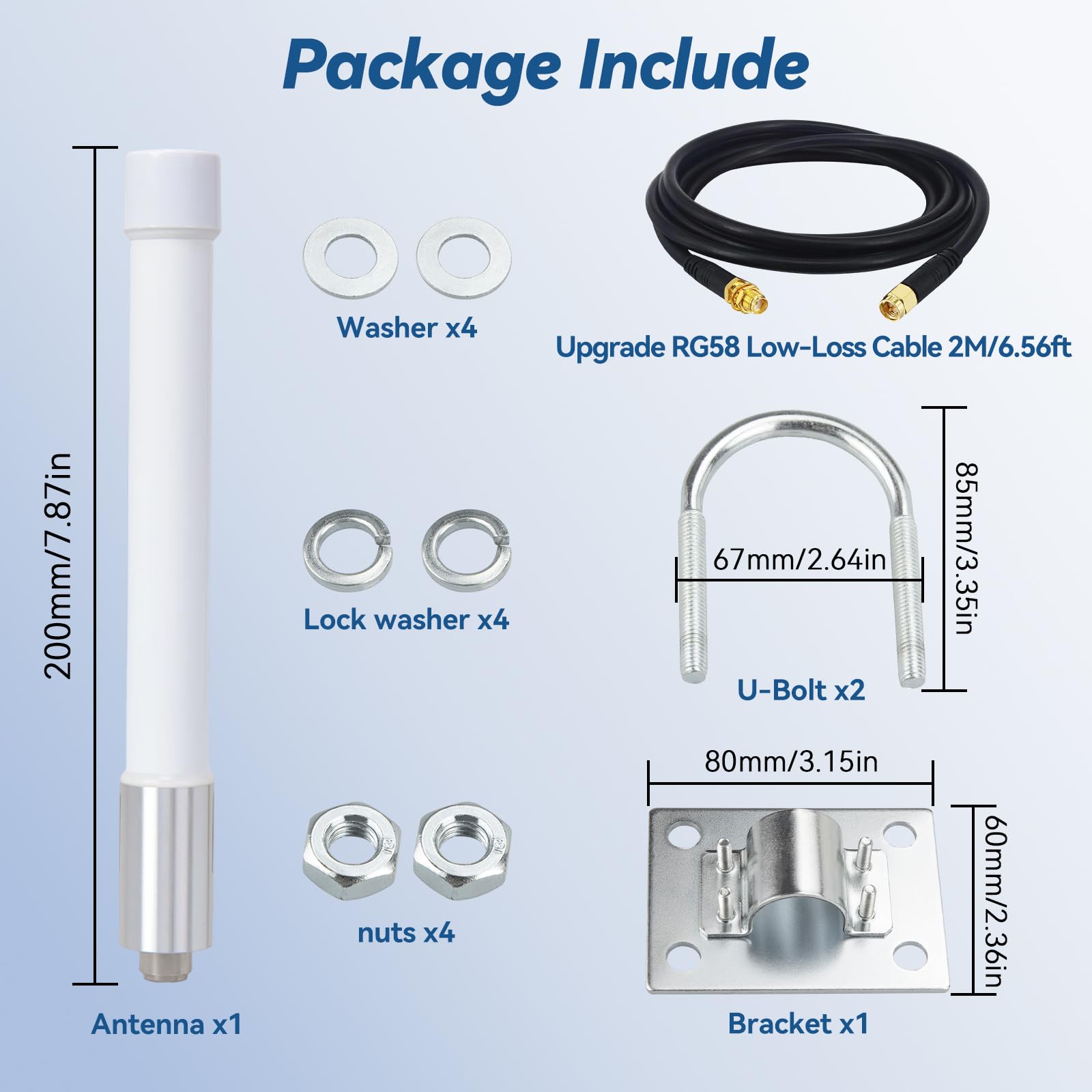 Antenna Omni in fibra di vetro 4G LTE 698-2700 MHz con cavo di prolunga RG58U da 2 m SMA maschio, design compatto, bianco, staffa a U, supporto per router cellulare, telecamera IP, modem