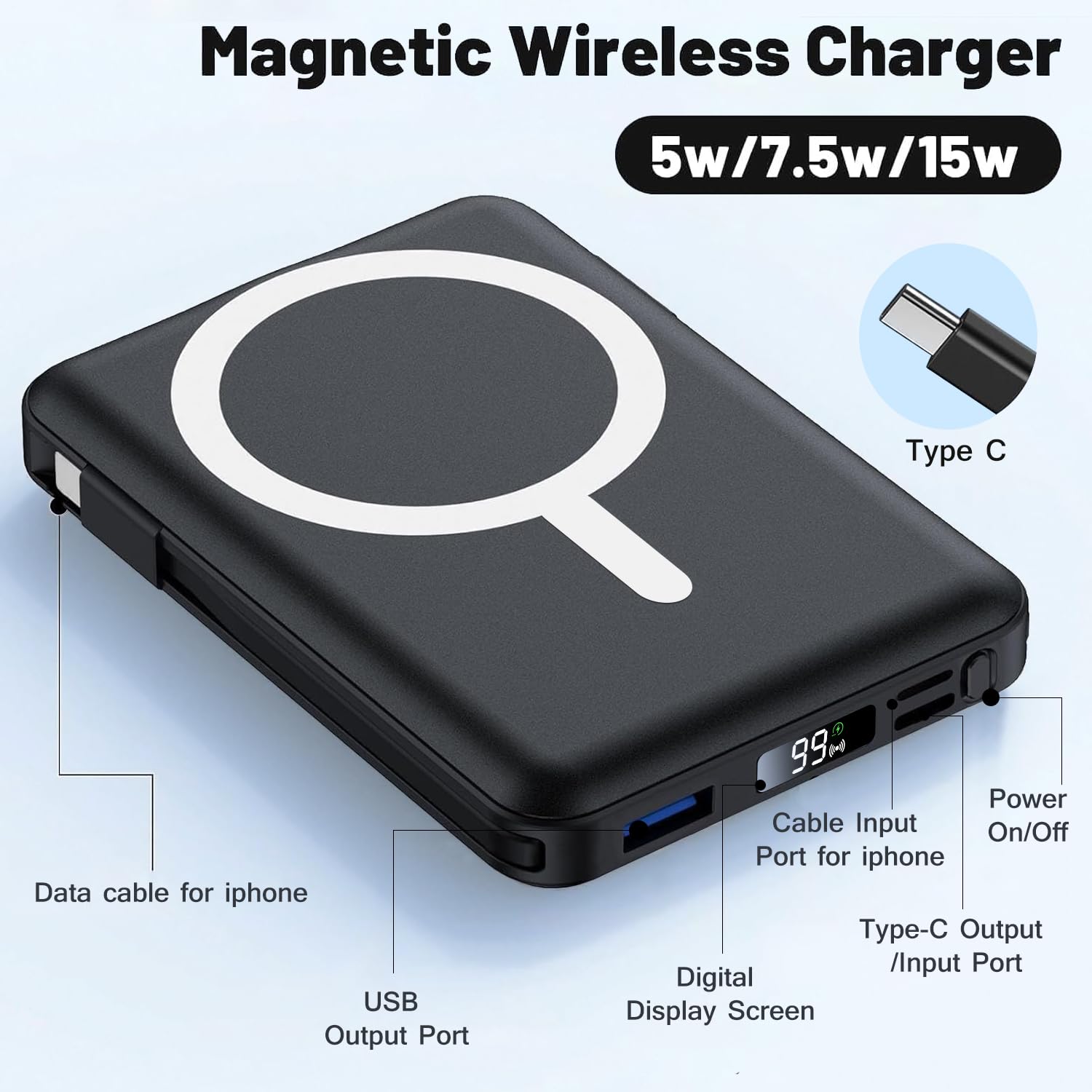 Azmuth for MagSafe Portable Charger, 10000mAh Magnetic Power Bank with 20W PD USB-C Fast Charging LED Display for MagSafe Battery Pack, Magnetic Travel Charger for iPhone 17/16/15/14/13/12 Series - 3