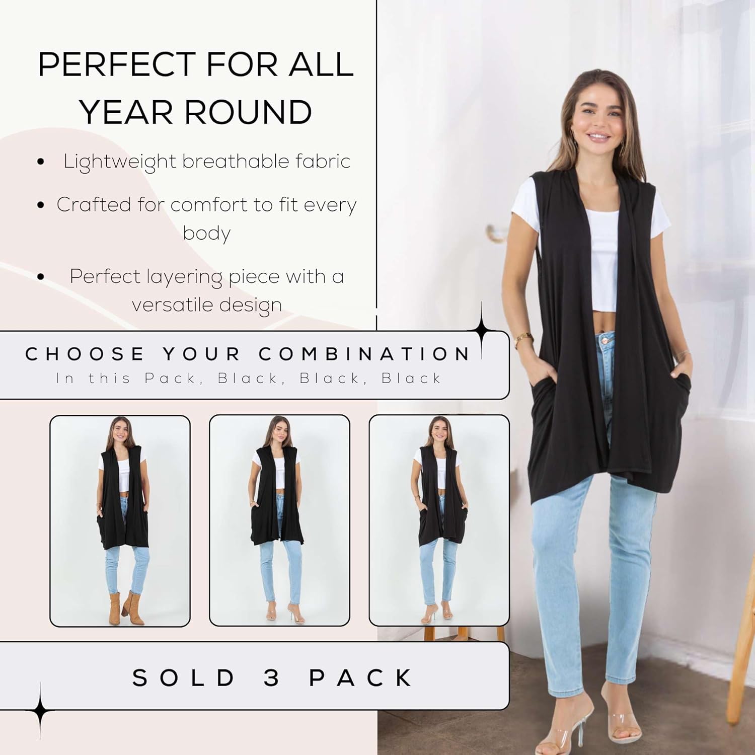 Azules Sleeveless Long Cardigan for Women with Pockets – Lightweight Open Front Vest, Flowy Dressy Layer for Work or Casual Wear Plus Size 1X Black, Black, Black