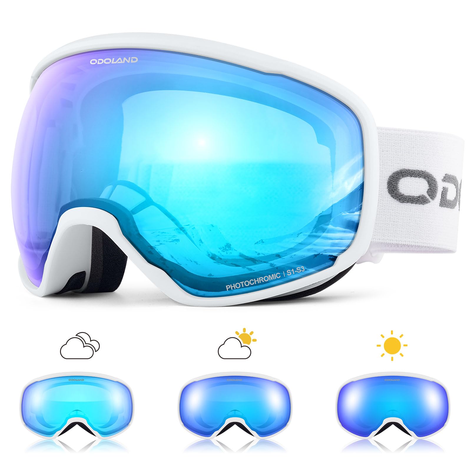 Odoland Lunettes de Ski Lentille Photochromique, Masque de Ski et Snowboard Anti-UV400, Anti-Buée,avec Grande Lentille Sphérique pour Homme Femme, Skating, Surf des neiges