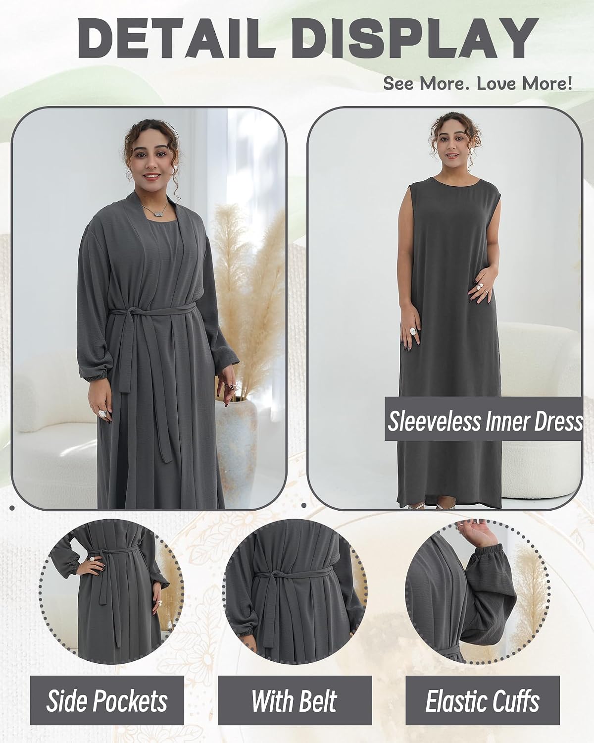 Women's Muslim Dress Two Pieces Set Islamic Prayer Abaya Modest Solid Color Muslim Outfits