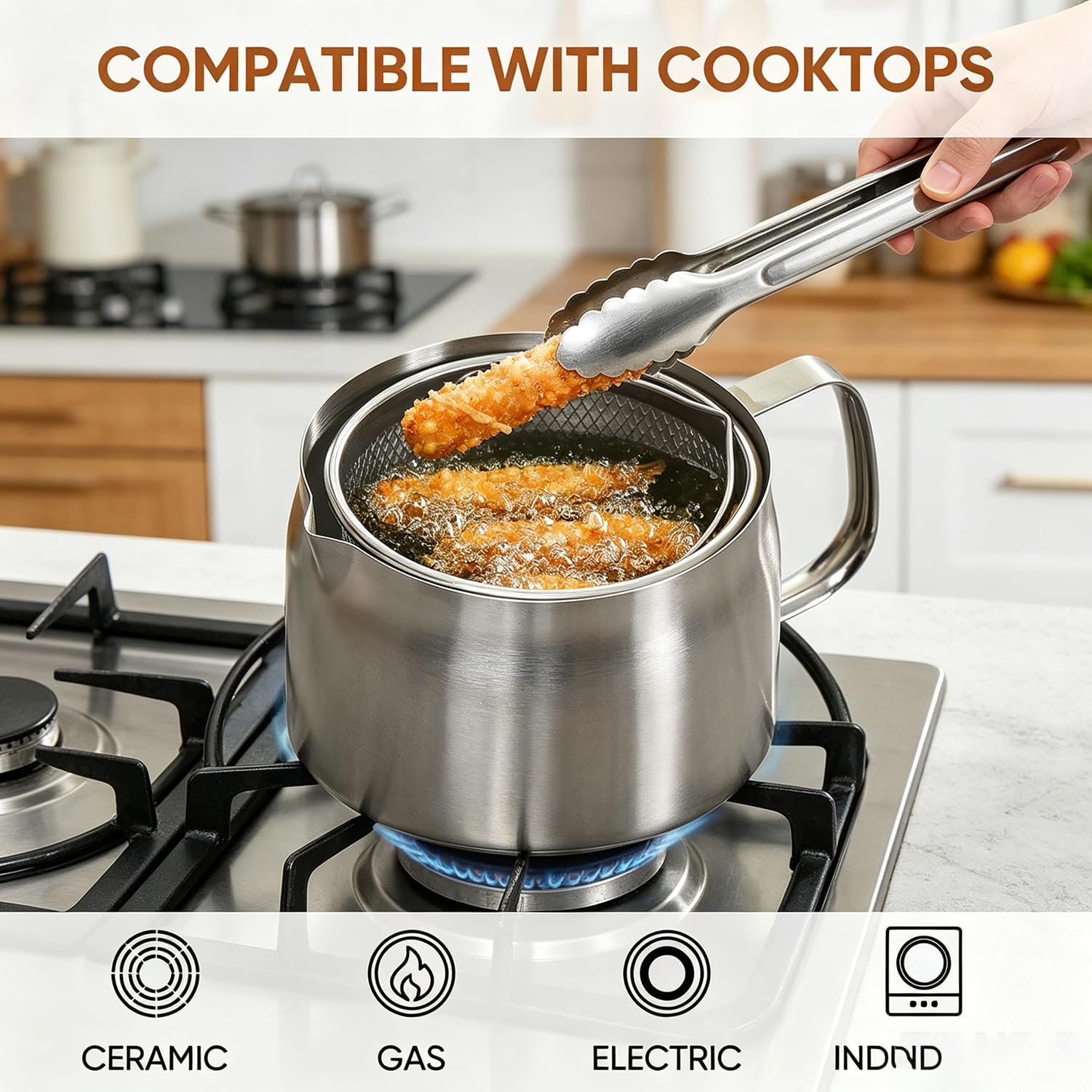 Olla coladora de aceite de acero inoxidable 304 2 en 1 con cesta para freír, recipiente multifuncional de grasa de cocina para una fácil cocción y almacenamiento (2.0L/70 onzas)