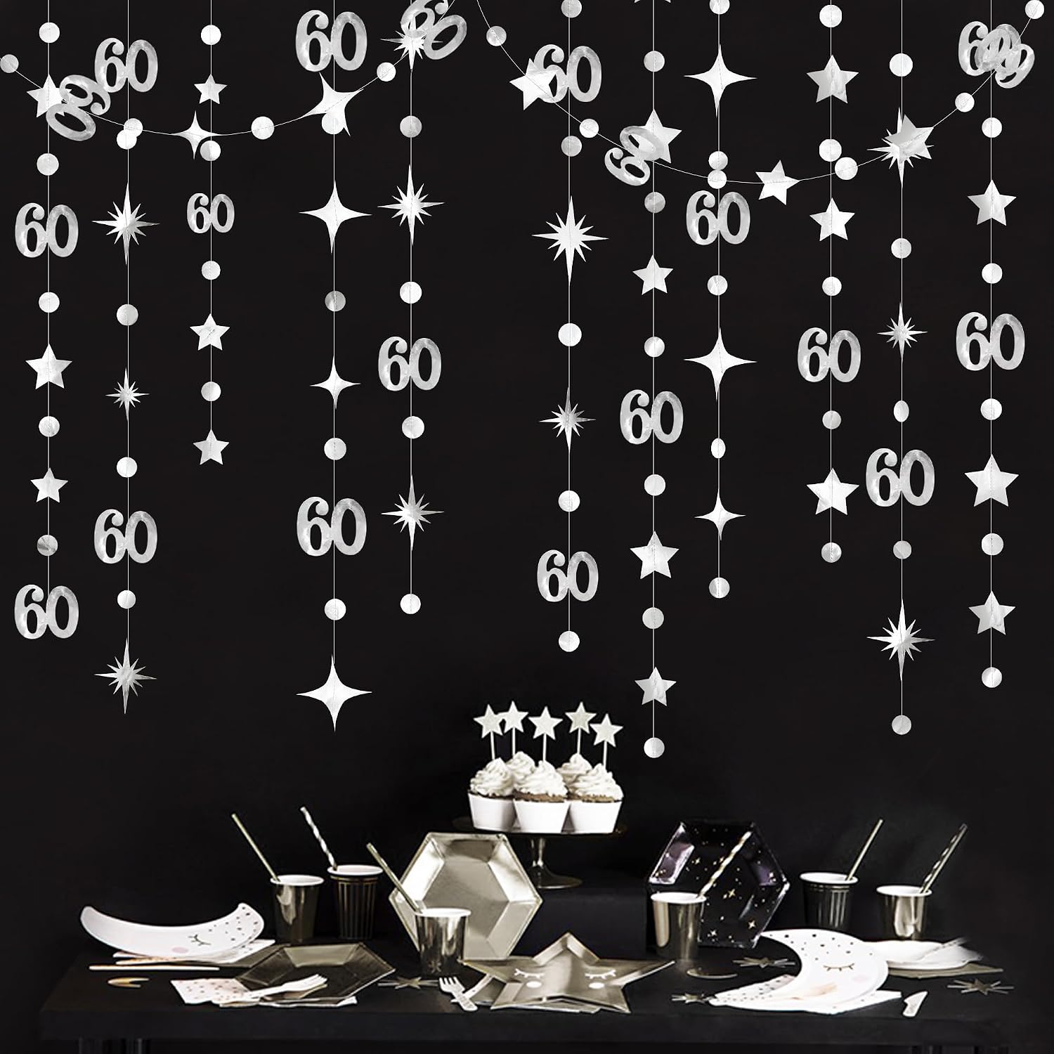 Champagne Gold 60th Birthday Decorations Number 60 Circle Dot Star Garland Metallic Streamer Banner for Women Mens Cheers to 60 Years Old Birthday Happy 60th Anniversary Vintage 1965 Party Supplies