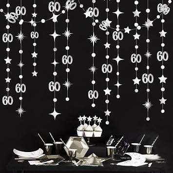 Silver 60th Birthday Decorations Number 60 Circle Dot Star Garland Hanging Streamer Bunting Banner Backdrop for Mens Cheers to 60 Years Old Happy 60th Birthday 60th Anniversary Sixty Party Supplies