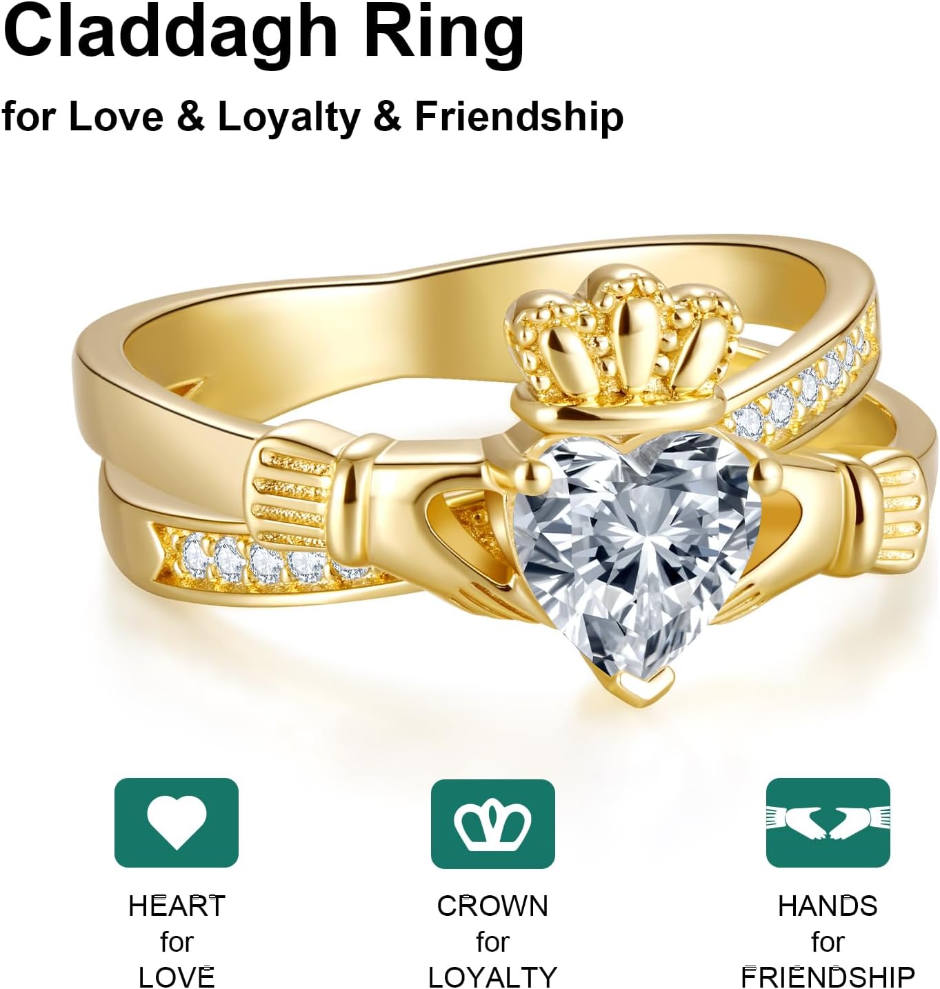 Gold Claddagh Ring for Women, 14K Gold Plated Irish Engagement Wedding Ring - Non Tarnish Promise Ring with 6.5mm Heart Simulated Diamond - Anniversary Christmas Gifts for Her Size 5-10 - Image 2