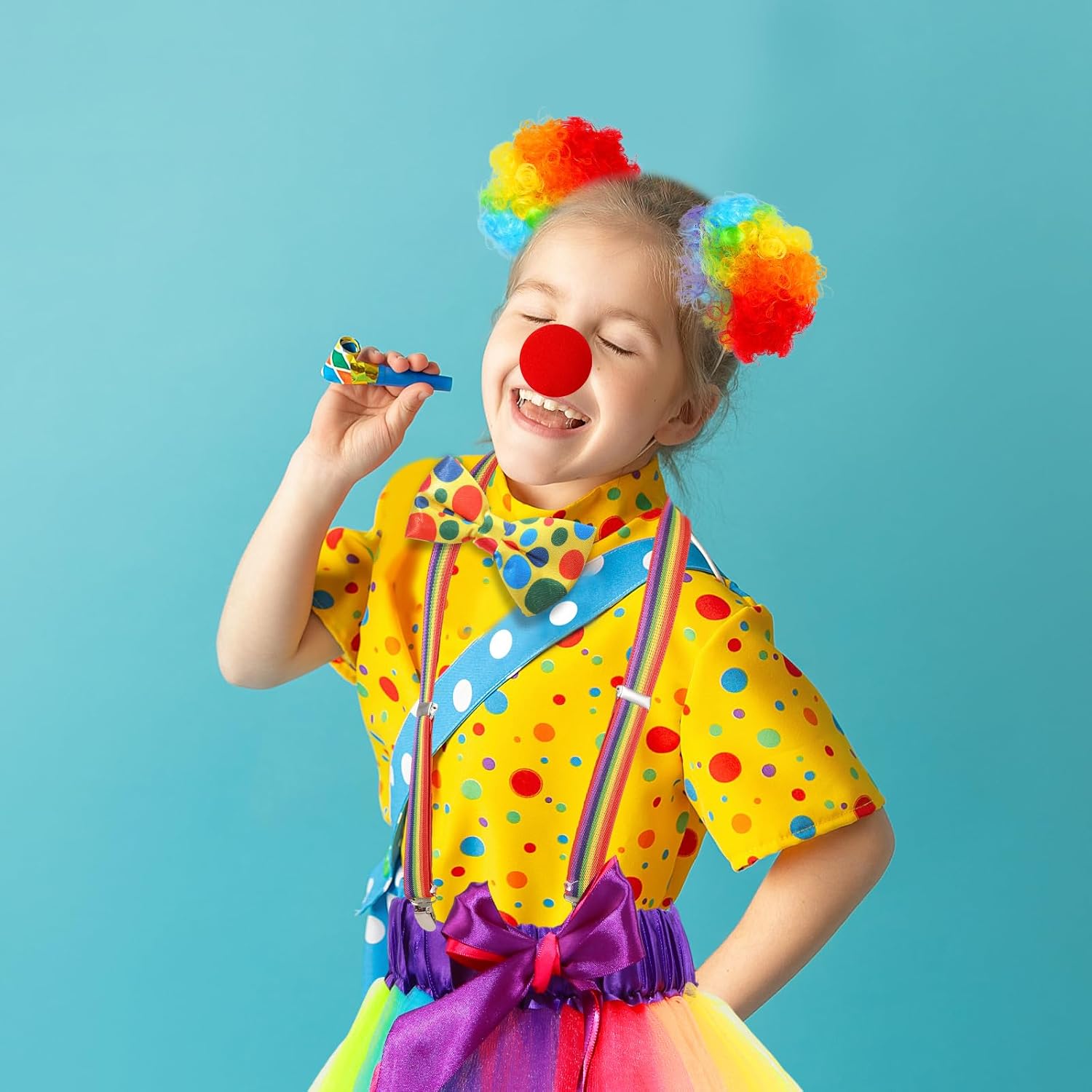 Shinymoon 7 Pcs Girls Clown Costume Set Clown Rainbow Wig Rainbow Tutu Skirt Shoulder Strap Bow Socks Nose for Cosplay